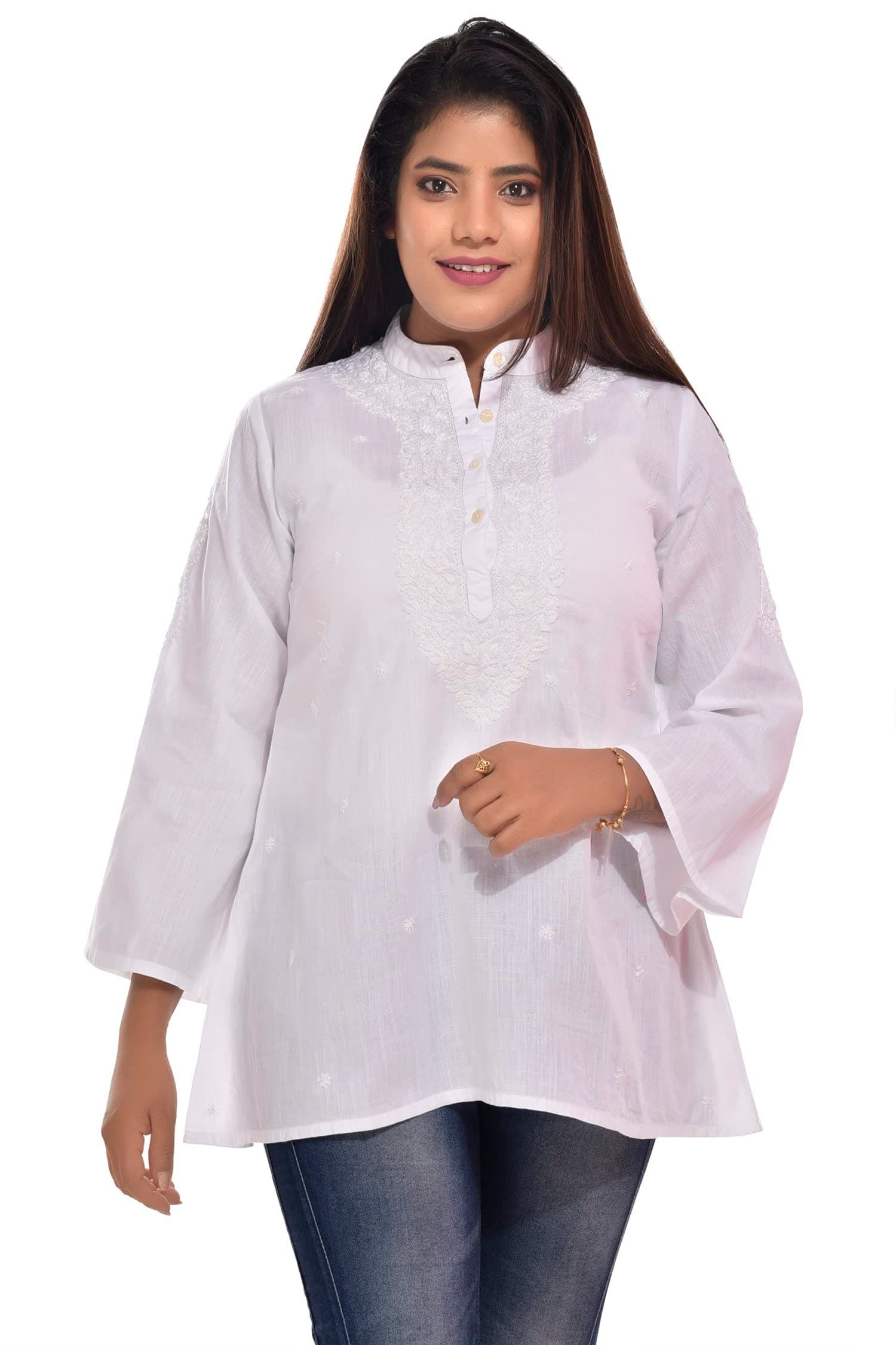 OSSDEN Indian Hand Embroidered Women's Model No 239 Lucknowi Chikankari Straight Cotton Kurti Color White