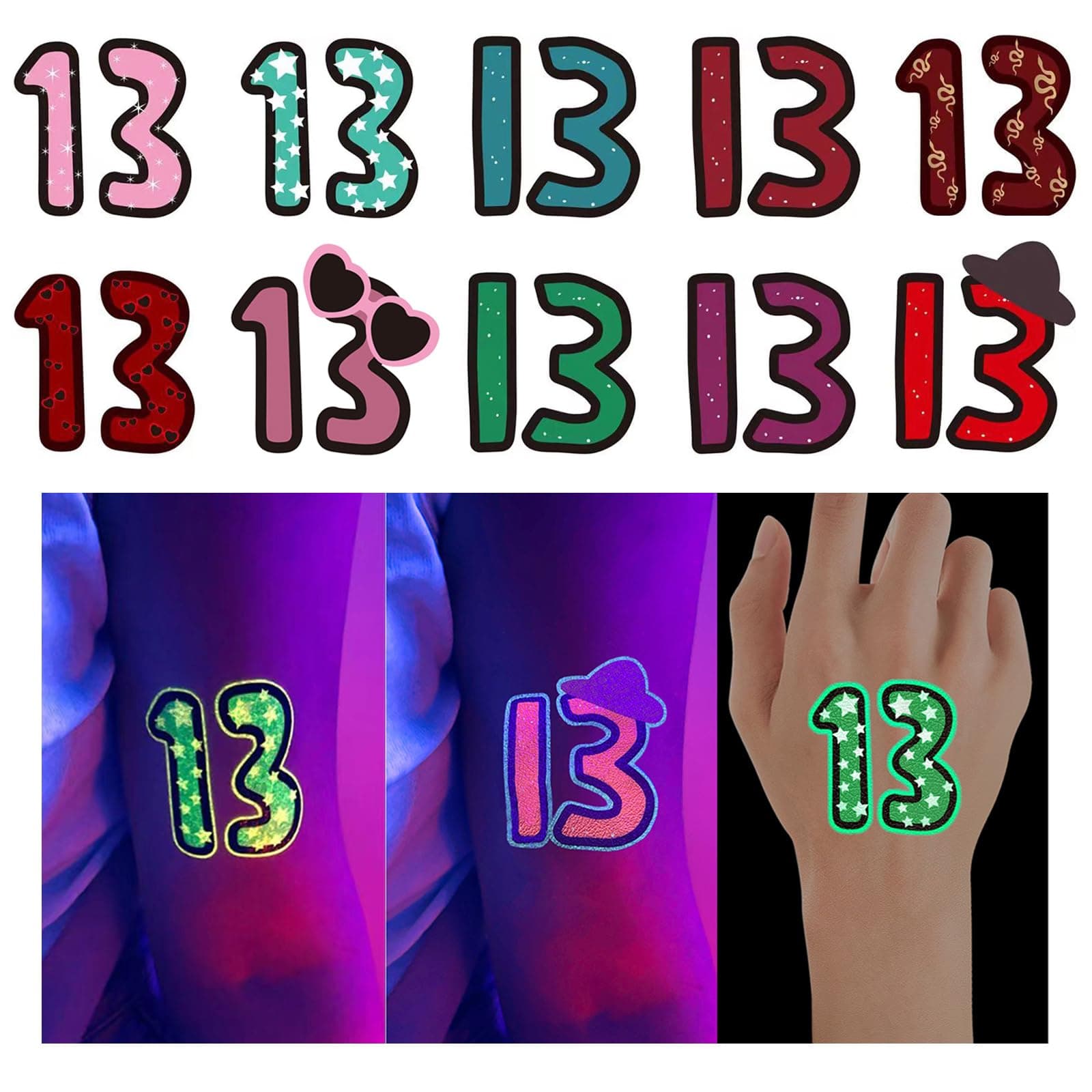 Glow in the Dark Number 13 Tattoo Stickers for Swifties- 48 Pack (32 Glow + 16 Regular) | Waterproof Temporary Tattoos for Parties, Music Festivals & Theme Events