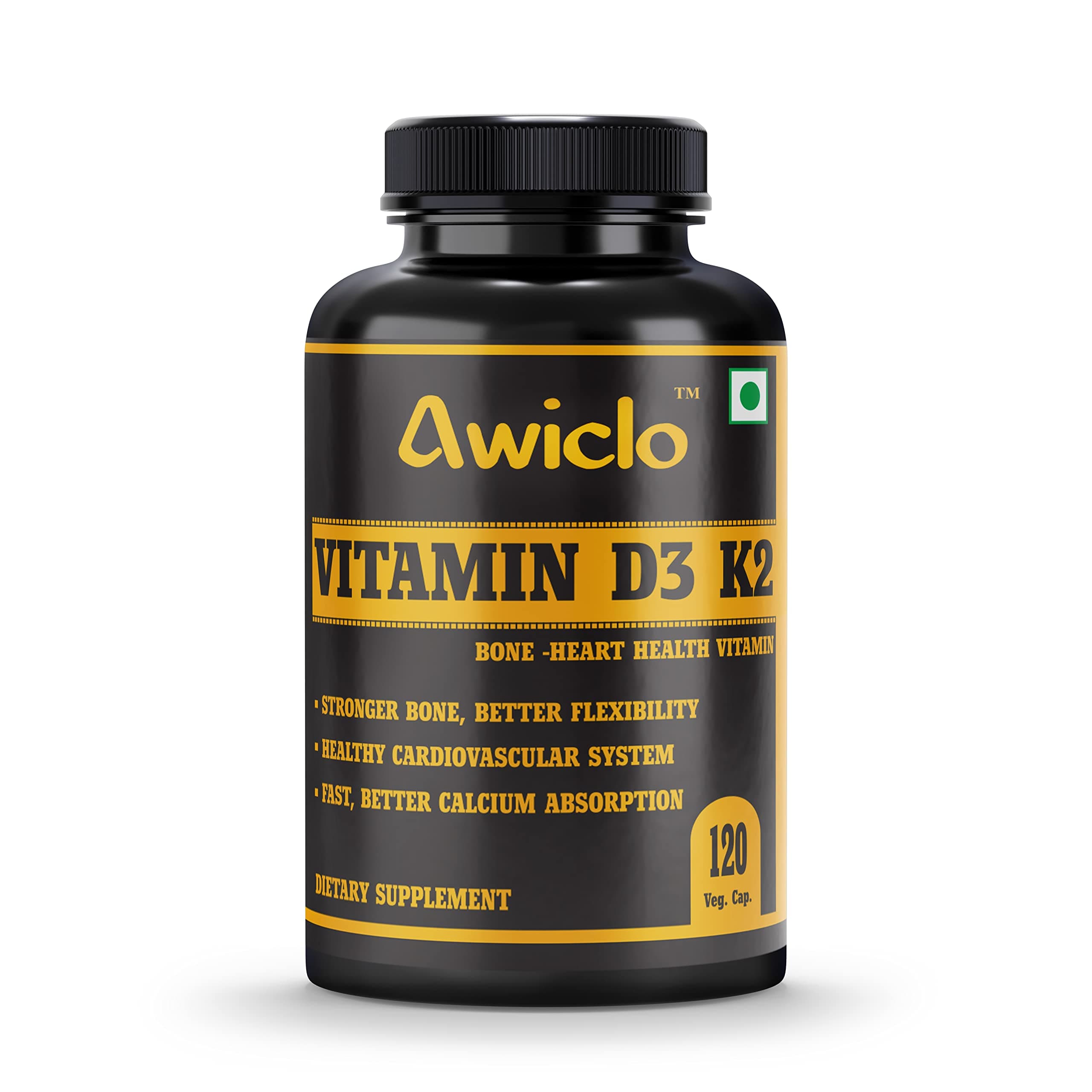 Plant Based Organic Vitamin D3 Vitamin D3 + K2 Capsules, Vitamin K2-7 To Support Bone & Heart Health In Men & Women 120 Capsules, Green