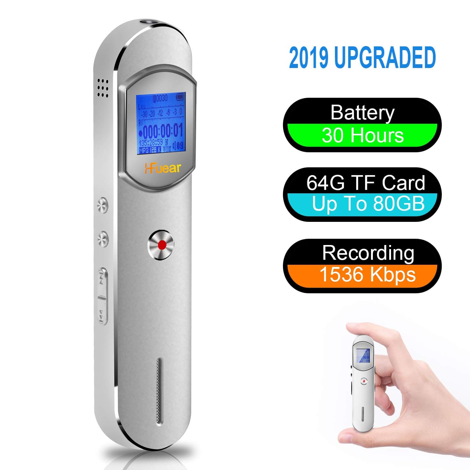 Hfuear Digital Voice Recorder, 16G Digital Voice Recorder MP3 Audio Recorder with Voice Recognition for Interviews Meetings, USB, Rechargeable (Black) (16G)