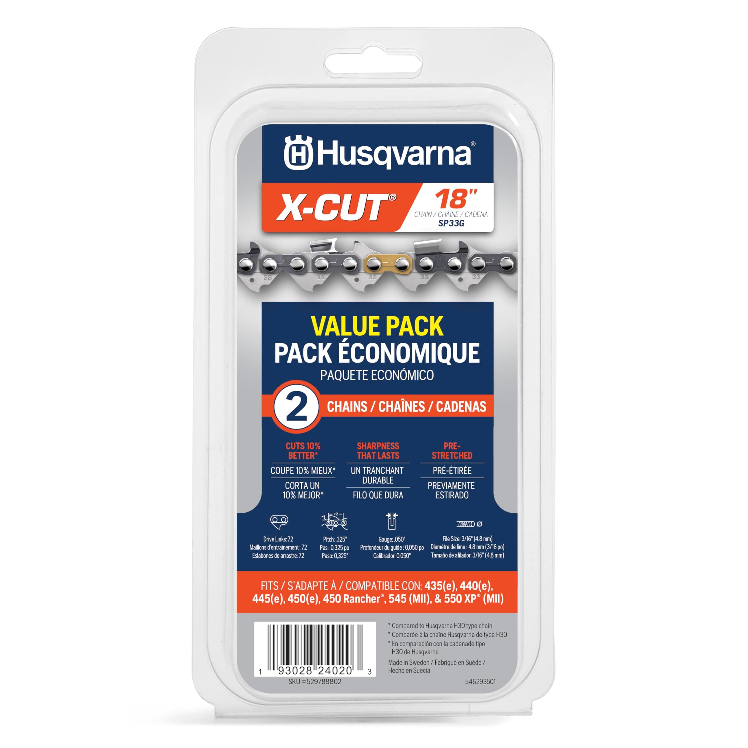 Husqvarna X-Cut SP33G 18 Inch Chainsaw Chain, 2 pack, 325" Pitch, 050" Gauge, 72 Drive Link Chainsaw Blade Replacement, Pre-Stretched and Low Kickback, Gray