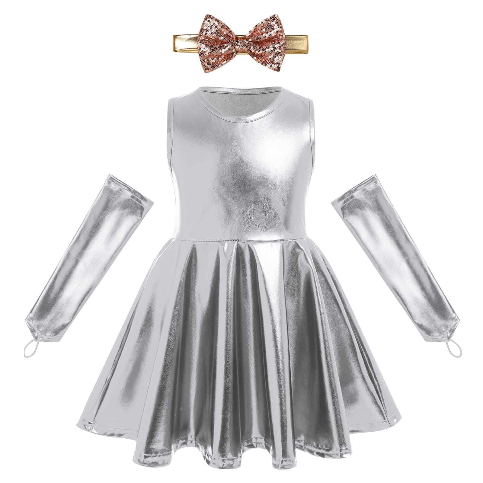 IBAKOMToddler Baby Girl Metallic Pleated Dance Dress with Arm Sleeves Kid Christmas Dance Costumes Hip Hop Dresses