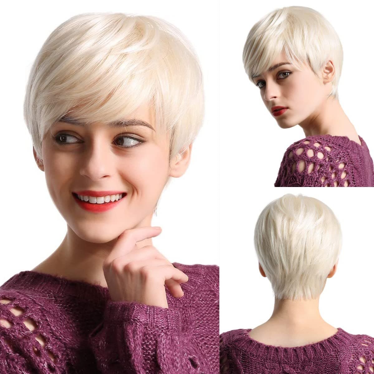 EMMORShort Human Hair Wigs for Women Beige White Blend Pixie Cut Wig With Bang Light Weight,Natural Daily Use Hair (Color 600#)