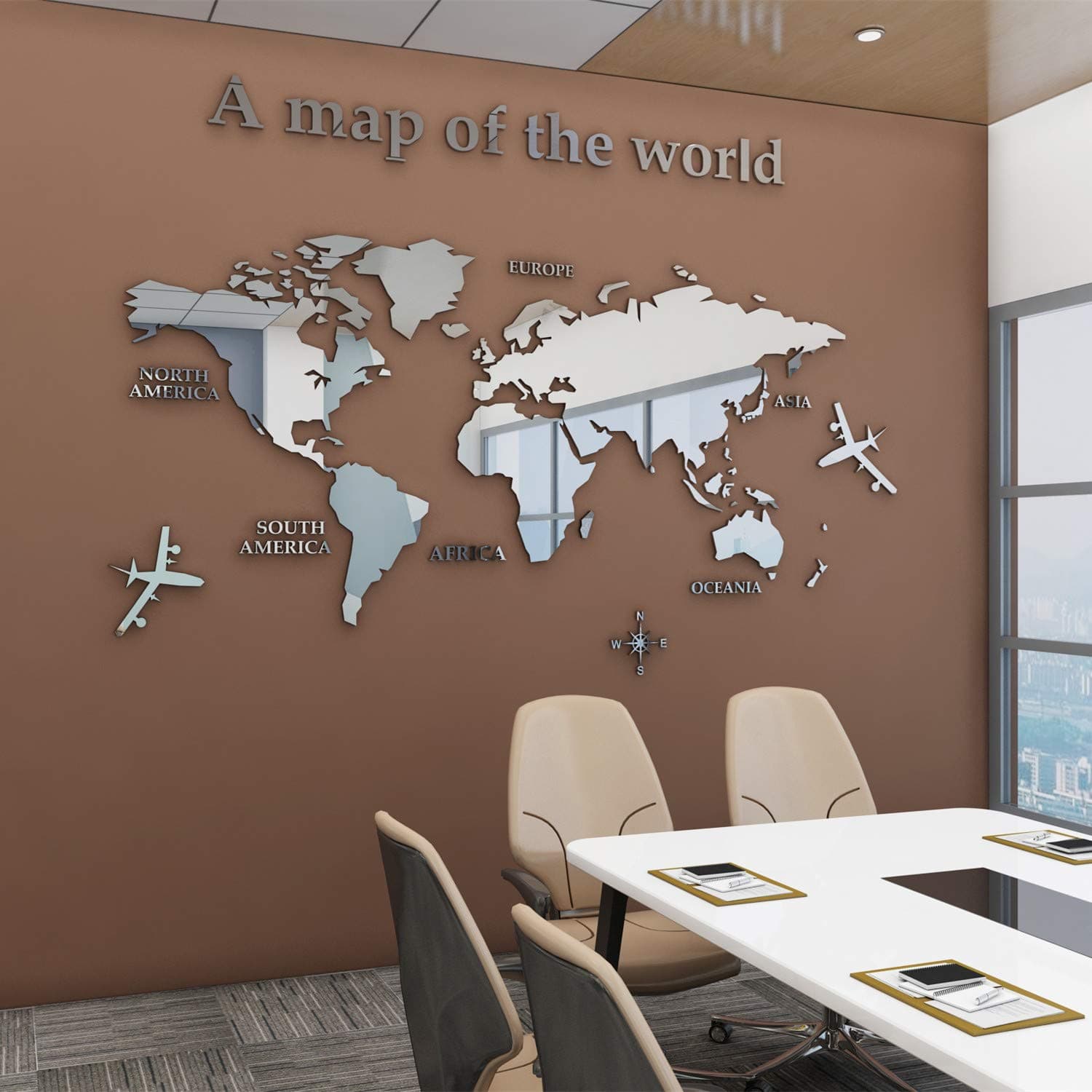 FANFAN Acrylic 3D Wall Stickers World Map Wall Decal for Office Decoration (Silver, Large)