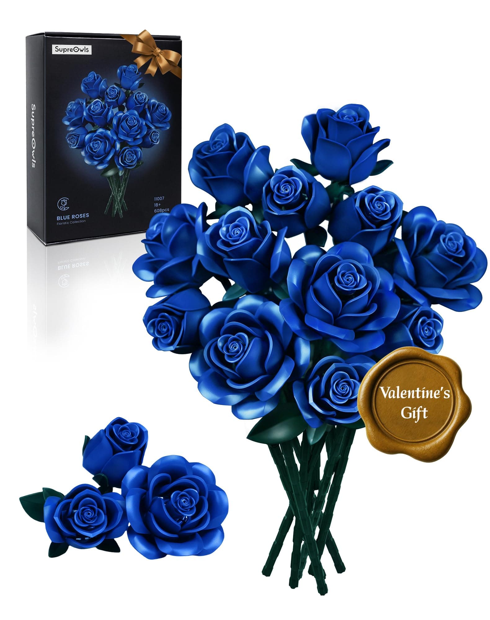 iATOM 12 Pcs Blue Rose Bouquet Building Set Flower Botanical Collection Adult Valentine's Day Gift for Girlfriend Mom Wife Couples Vintage Home Office Table Centerpiece Decoration Aesthetic