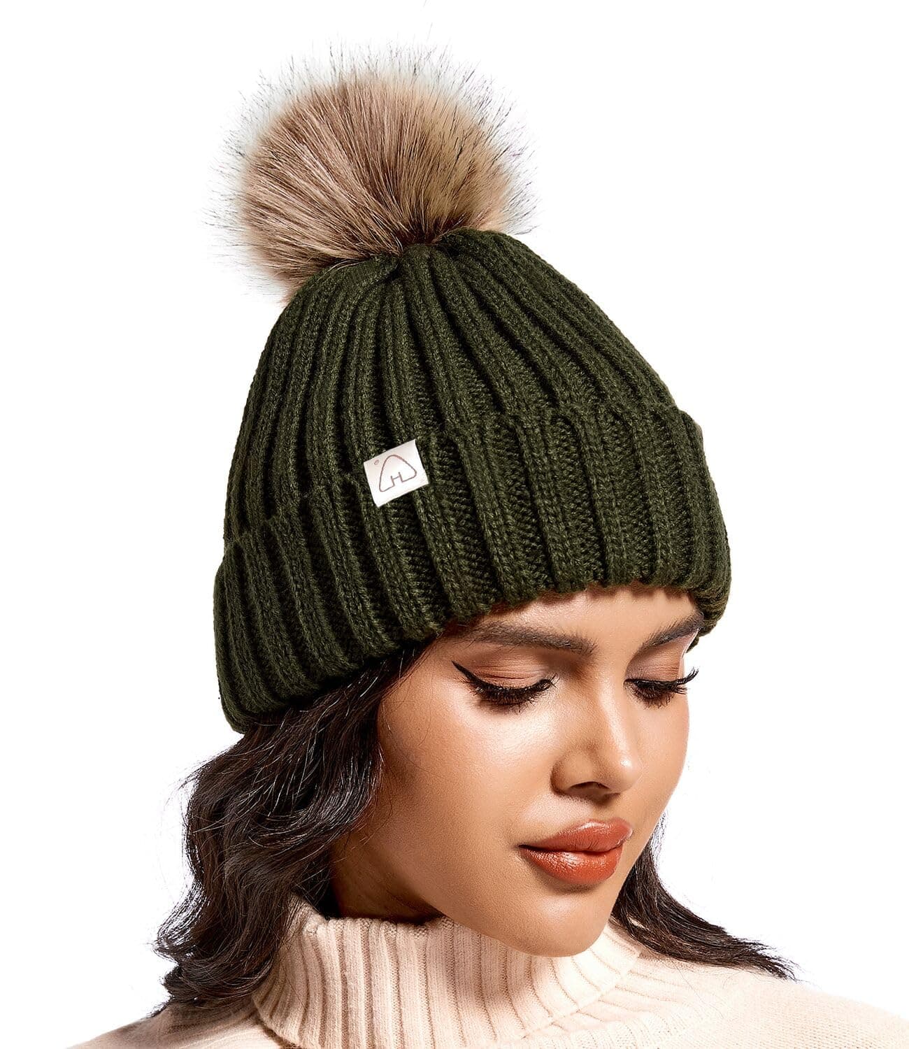 Hat Hut Winter Hats for Women Satin Lined Beanie Hats for Women Knit Ski Hat Winter Cap for Women Pom Pom Beanie