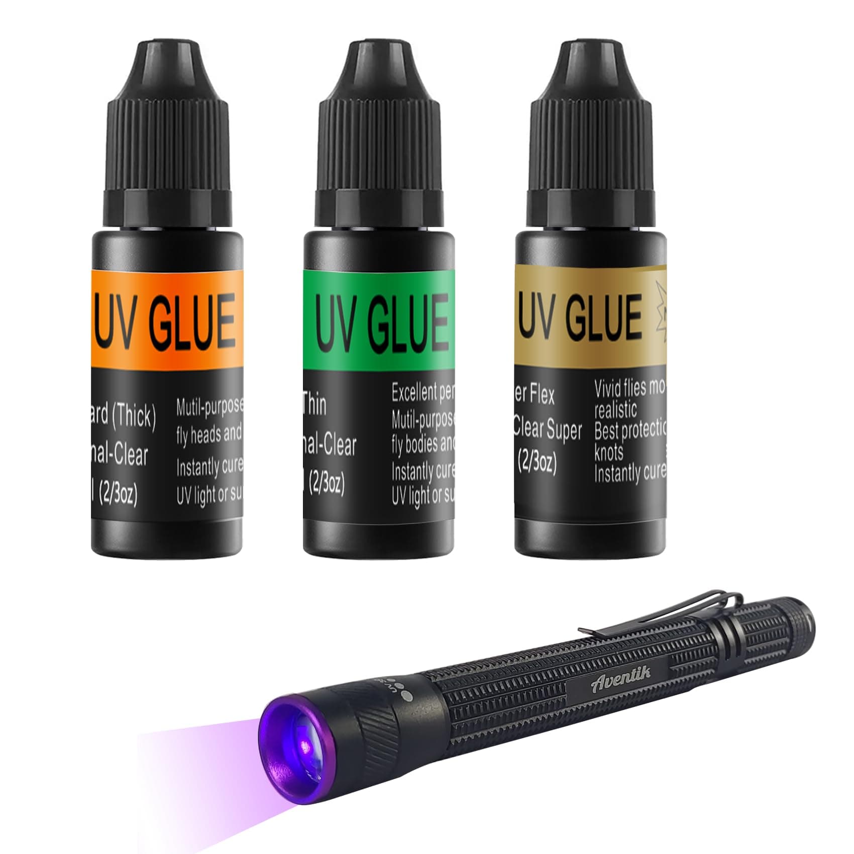 UV Clear Glue Thick Thin Flew+UV Power 395nm Zoomable Pen Light for UV Glue Curing,Heads Bodies and Wings, Small Mini Stylus, IPX5 Water-Resistant