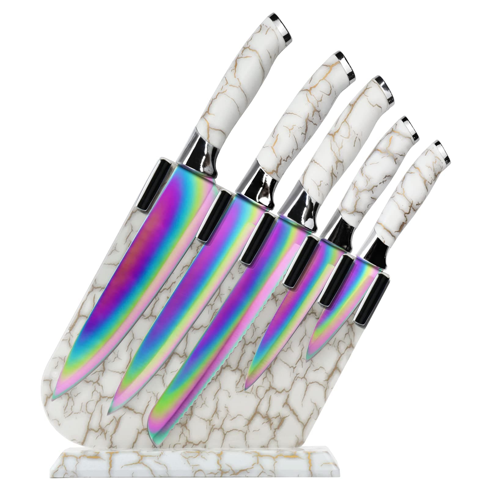 Rainbow Knife Set, Non Stick Kitchen Knives Set with Acrylic Block, 6 Piece Stainless Steel Knives, Marbling Handle Chef Quality for Home & Pro Use, Best Gift (White Handle)