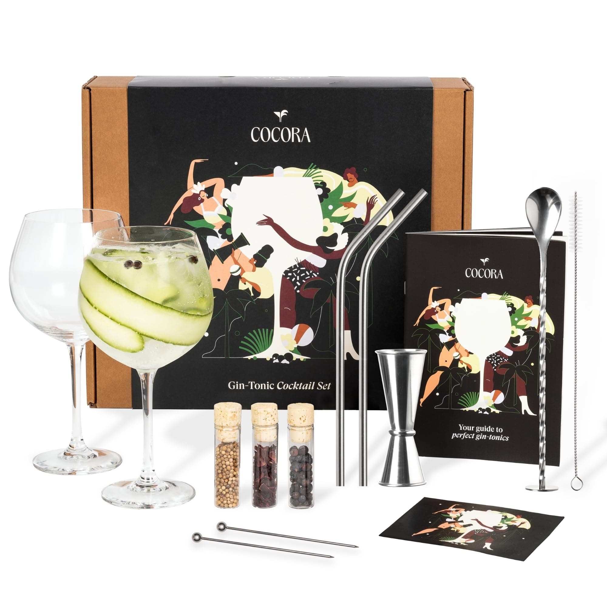 Cocora Gin Tonic Cocktail Gift Set | 12-piece | Cocktail Kit | Mixers | Glass | Book | Garnish | Accessories | Stainless Steel | Gift Set (Silver)
