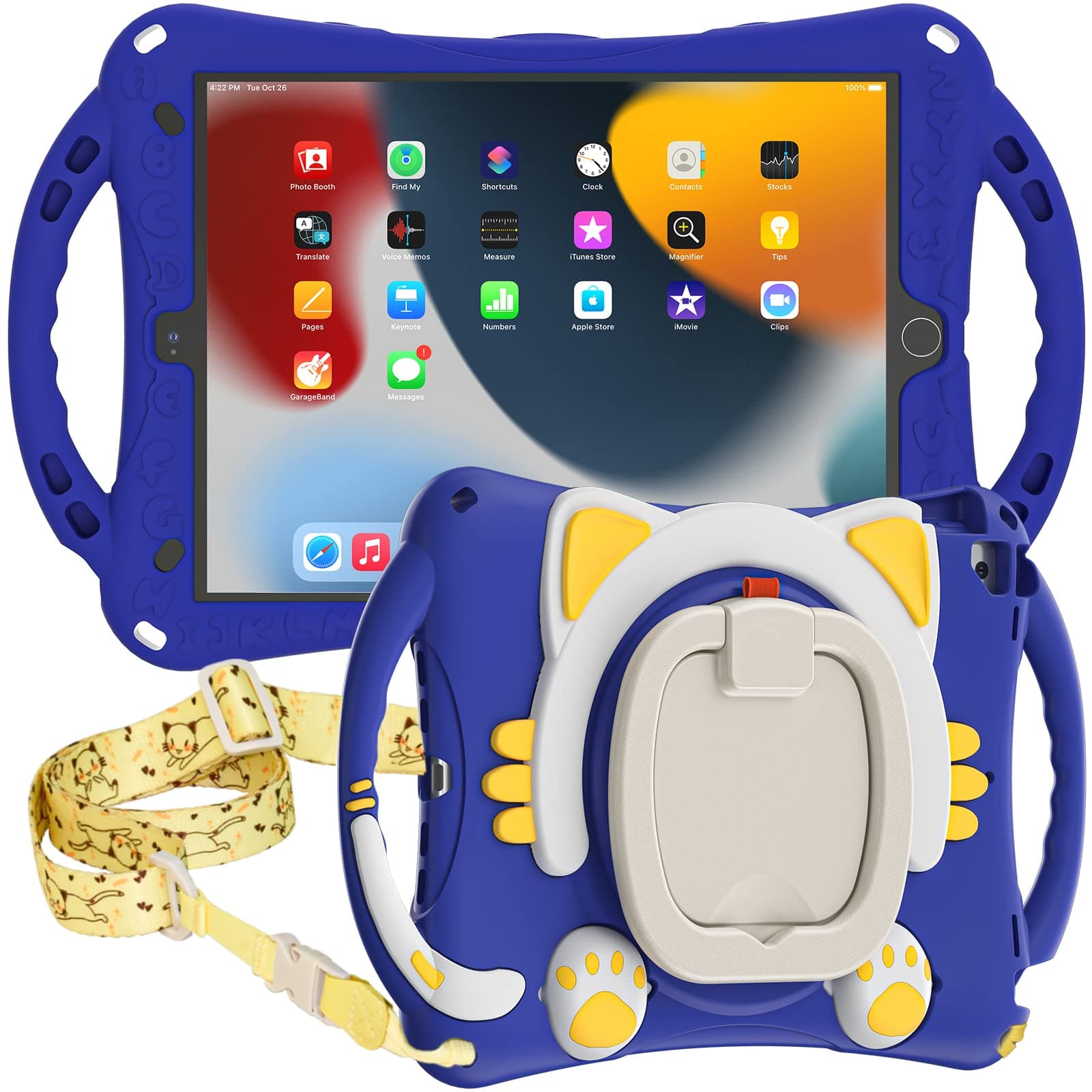 Tough Kids case Cover for Apple iPad 10.2" 9th/8th/7th Gen & iPad Air 10.5 with Rotating Kickstand & Shoulder Strap, Blue