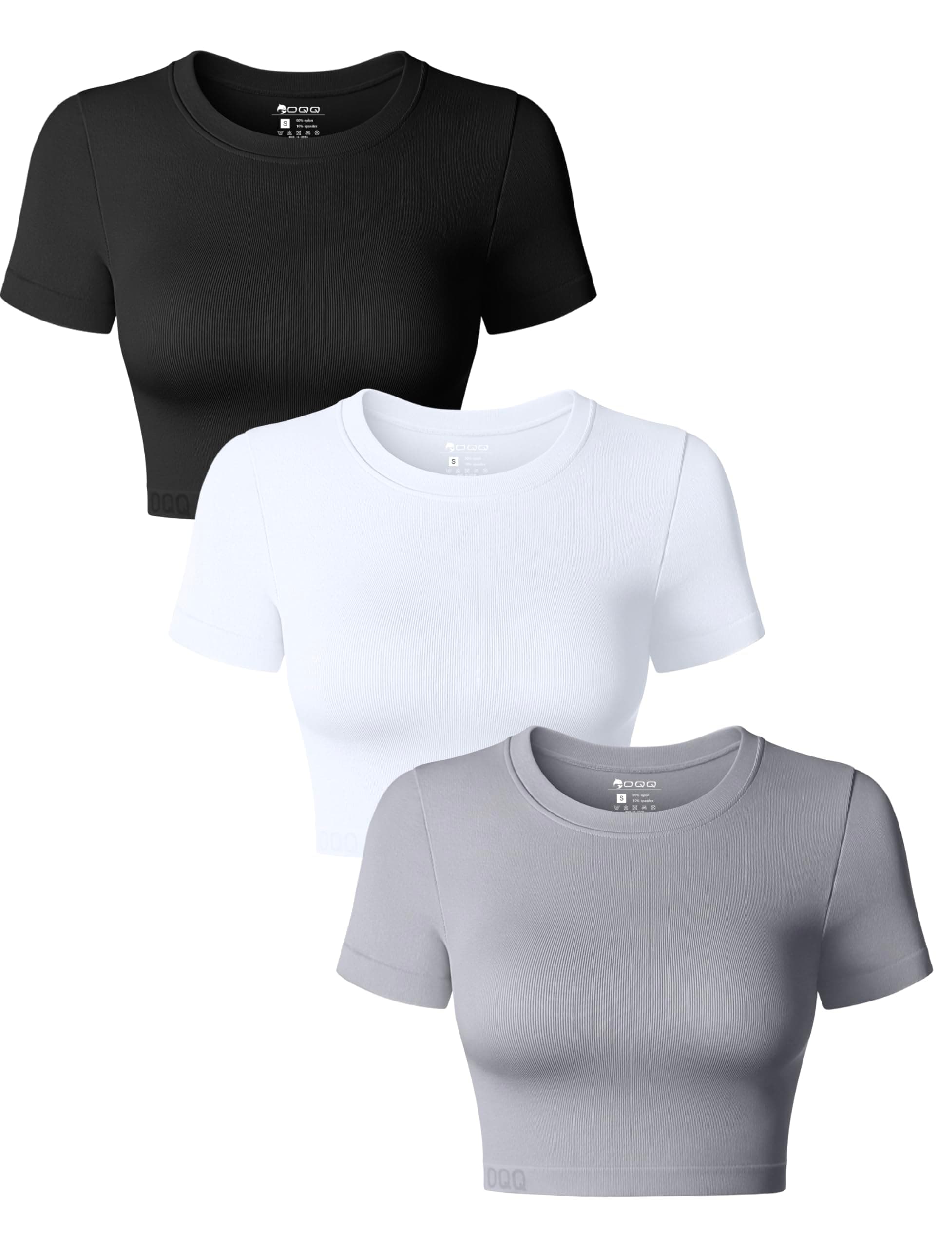 OQQWomen's 3 Piece Crop Tops Crew Neck Shorts Sleeve Stretch Fitted Shirts Crop Tops