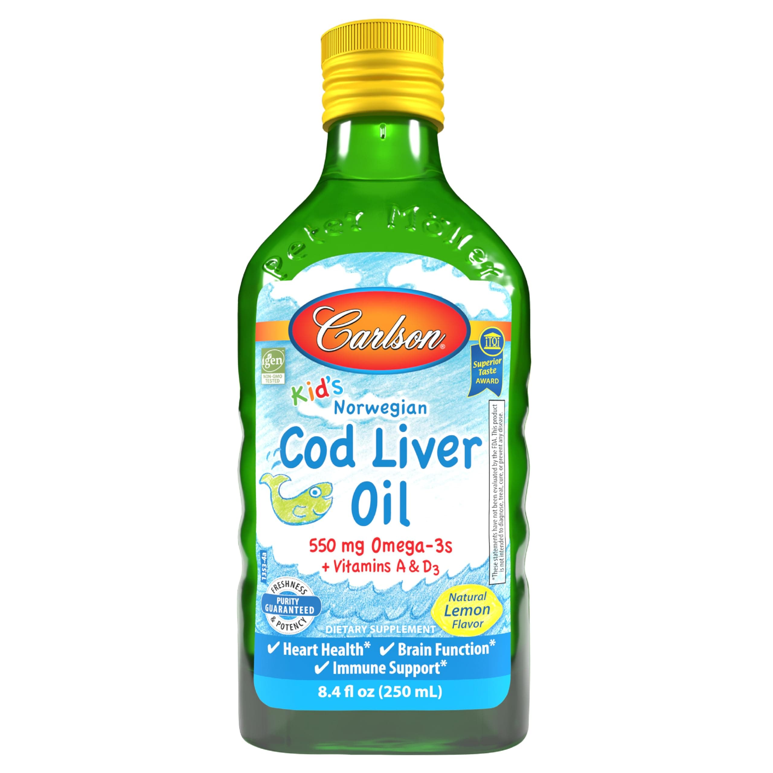 Carlson Labs Norwegian Natural Vitamin E Cod Liver Oil, Lemon Glass Bottle (250ml)