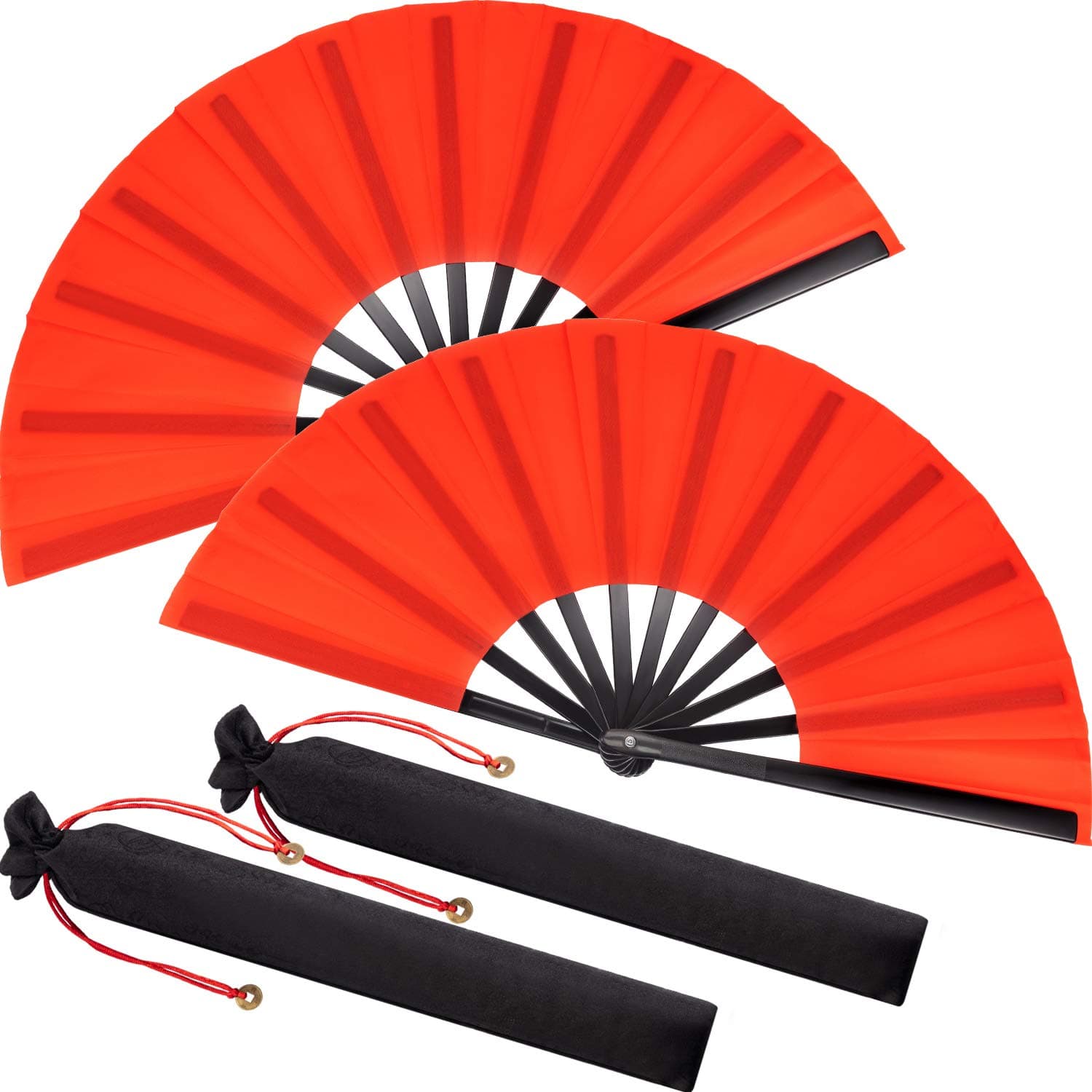 Maitys Large Folding Silk Hand Fan Hand Folding Fans Chinese Tai Chi Folding Fan for Men and Women Performance, Dance, Decorations, Festival, Gift (Red, 2 Packs)