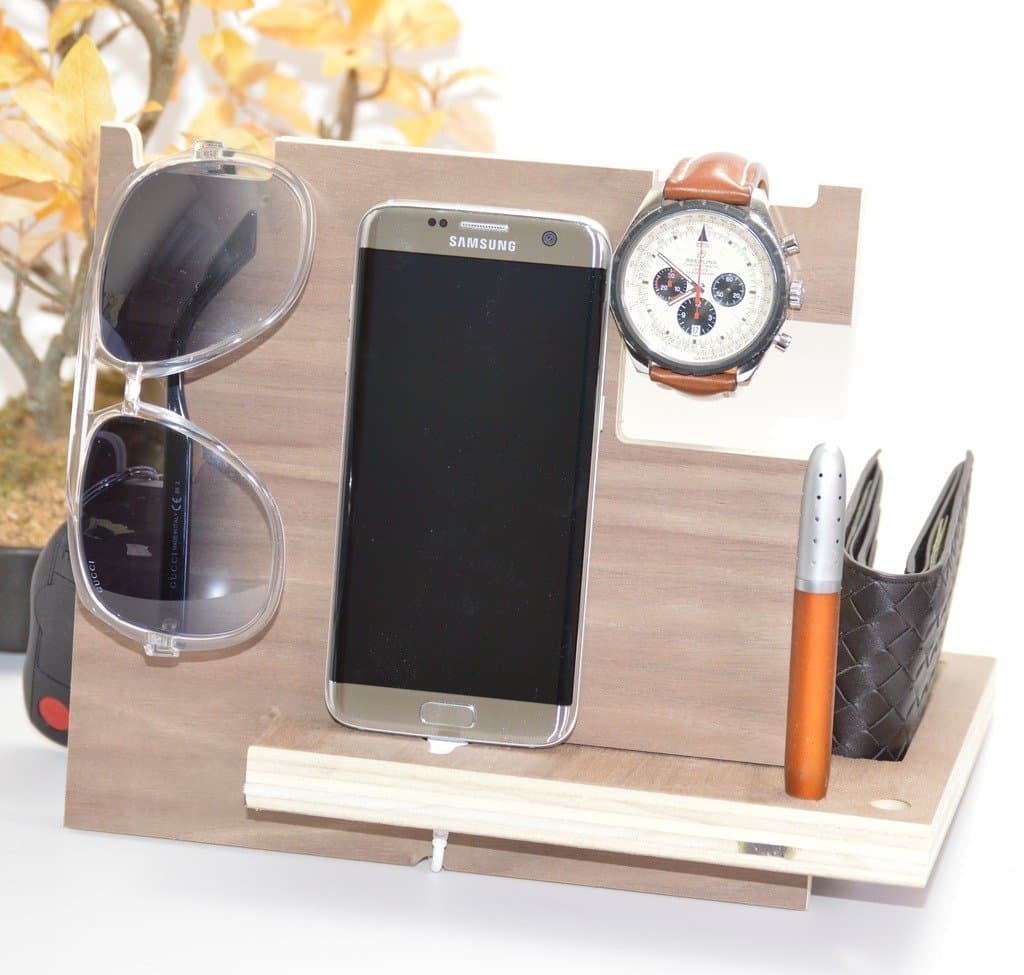 Wooden Phone Docking Station with Key Holder, Pen Holder, Wallet and Watch Organizer (Mahogany Color)