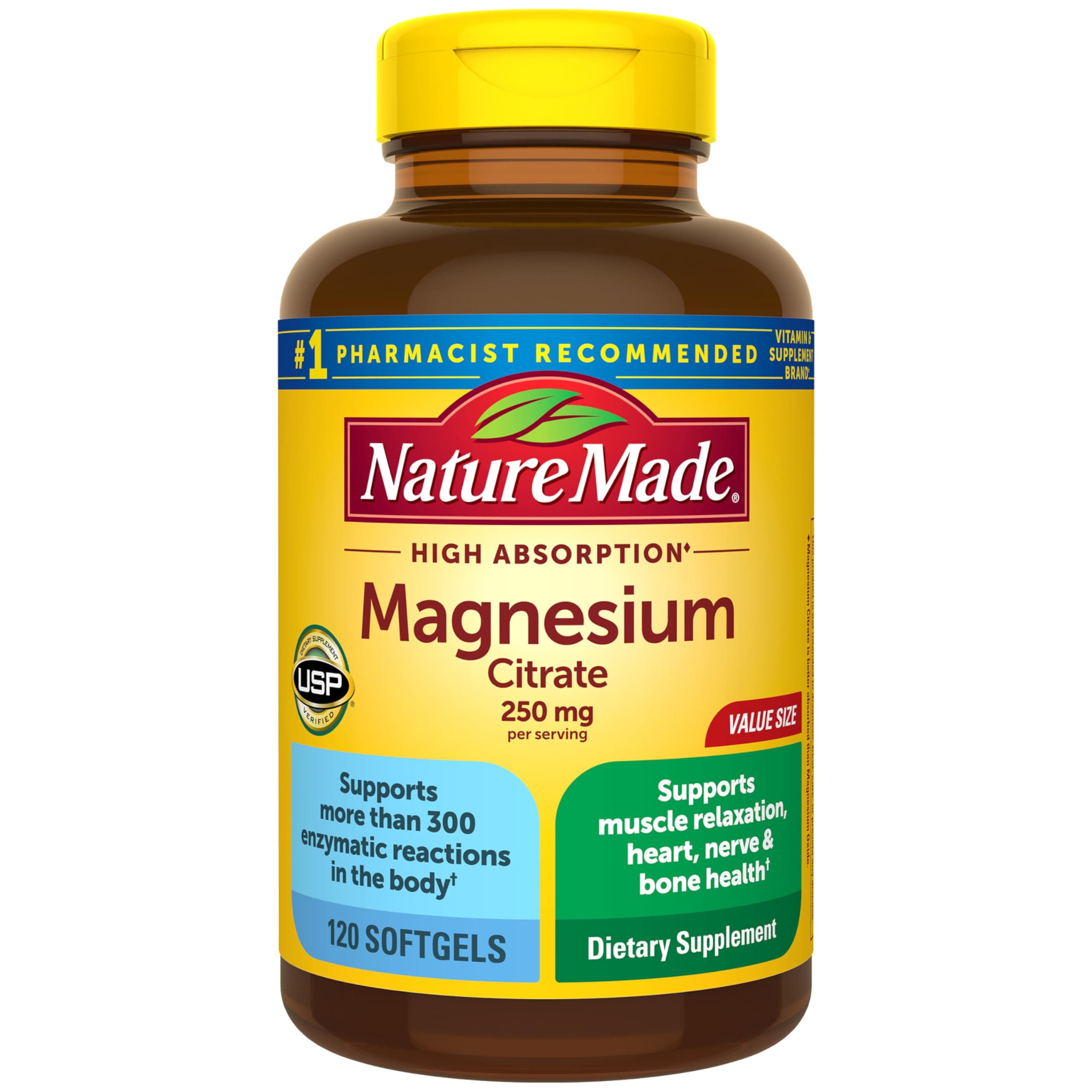 Nature Made Magnesium Citrate 250 mg per serving, Magnesium Supplements for Men and Women, Support for Muscle, Nerve, Bone and Heart, 120 Softgels, 60 Day Supply