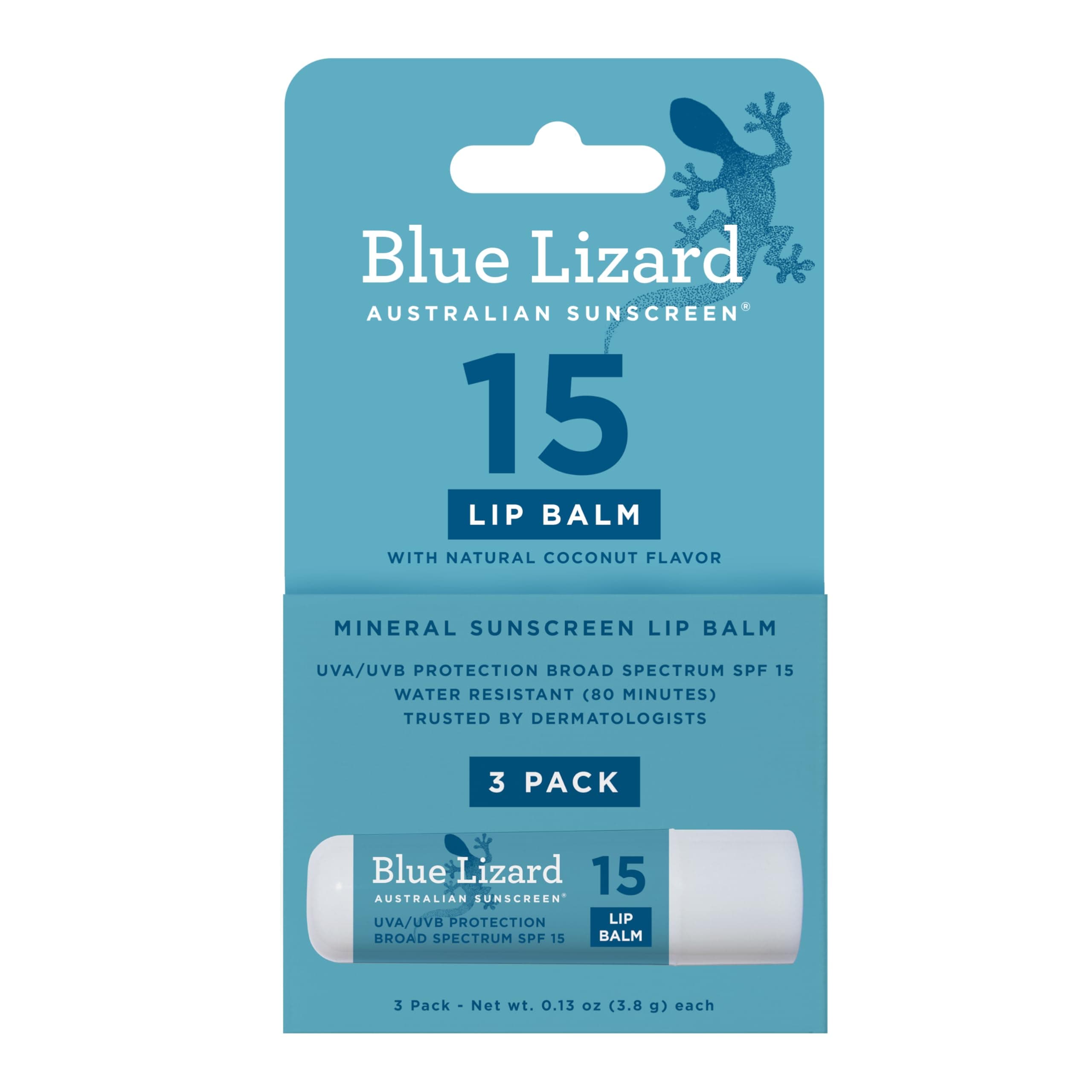 BLUE LIZARD Mineral SPF 15 Lip Balm, 3-Pack: Broad Spectrum Sun Protection, Natural Coconut Flavor, 8 Natural Oils, Infused with Australian Kakadu Plum, Rich in Vitamin C, Vegan, Each Tube 0.13 oz.