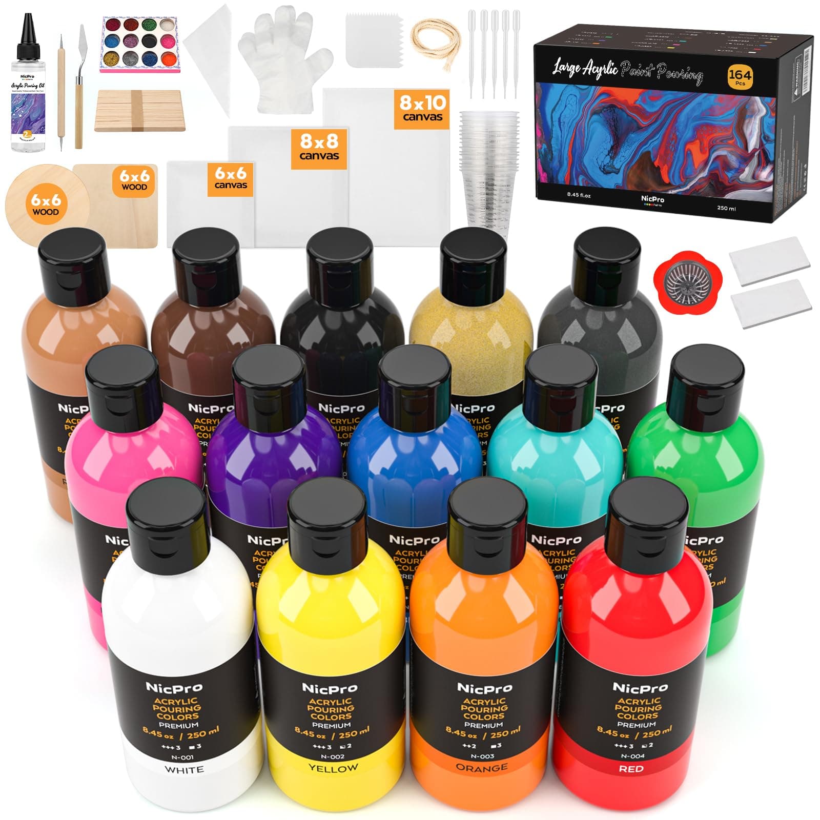 Nicpro 14 Colors Acrylic Pour Paint Supplies Kit (8.45oz/ 250ml), Premixed High Flow Painting Bulk Set with Canvas, Wood Natural Slices, Pouring Oil, Tools Gloves, Strainer, Cups for Beginner DIY