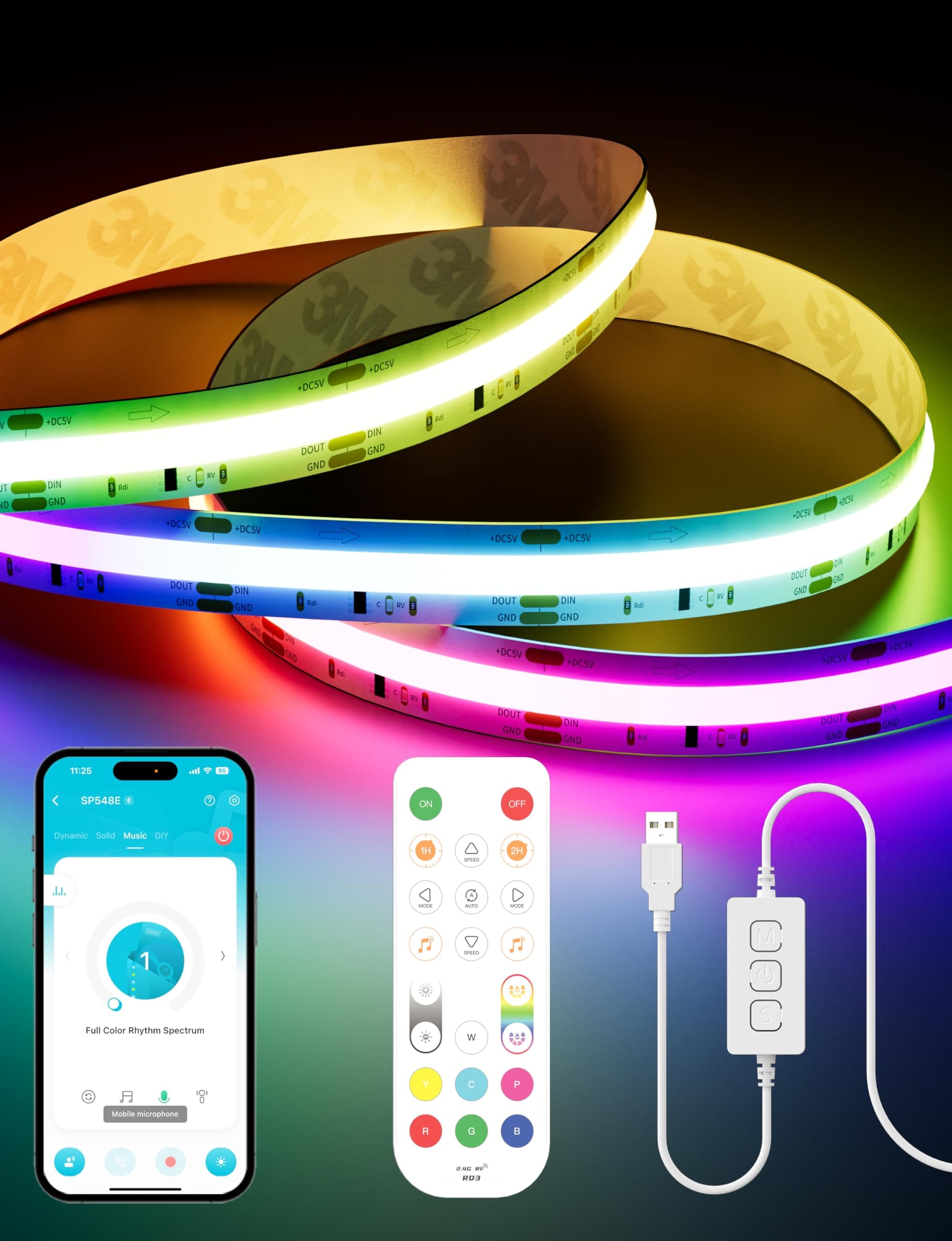 PAUTIX RGB Smart IC COB LED Strip Light 5V USB,Color Chasing UL-Listed Multicolor Flexible Tape LED Strip Light 9.84ft/3m Compatible with Alexa/Google Assistant,for TV,Desk,Monitor DIY Decoration