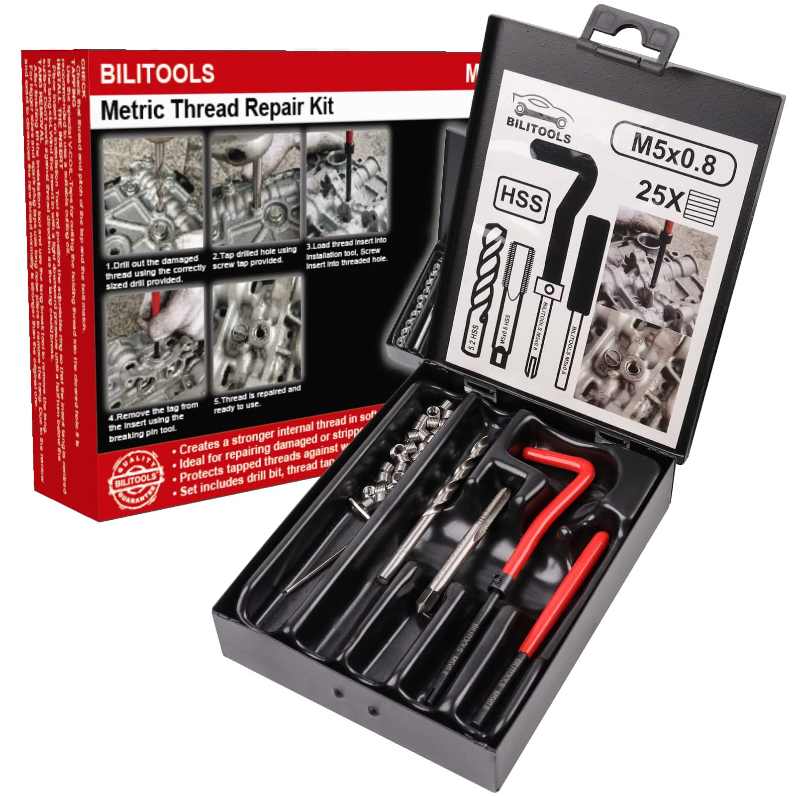 BILITOOLS M5 x 0.8 Thread Repair Kit, HSS Drill Helicoil Repair Kit