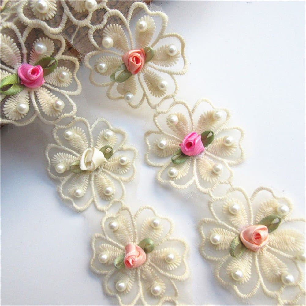 Qiuda 2 Yards Flower Pearl Lace Edging Trim Ribbon 5cm Width Vintage Apricot Trimmings Fabric Embroidered Applique Sewing Craft Wedding Bridal Dress Embellishment Party Decoration Clothes Embroidery