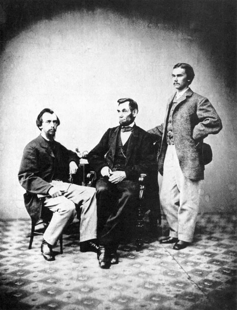 Lincoln & Secretaries N1863 Abraham Lincoln (1809-1865) 16Th President Of The United States (Center) With His Secretaries John G Nicolay (Left) And John M Hay (Right) Photographed By Alexander Gardner