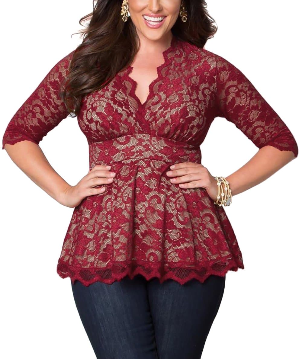 WANTU Womens Sexy Big Size V-neck Sleeved Floral Lace Tunic Blouse (US 18, wine red)