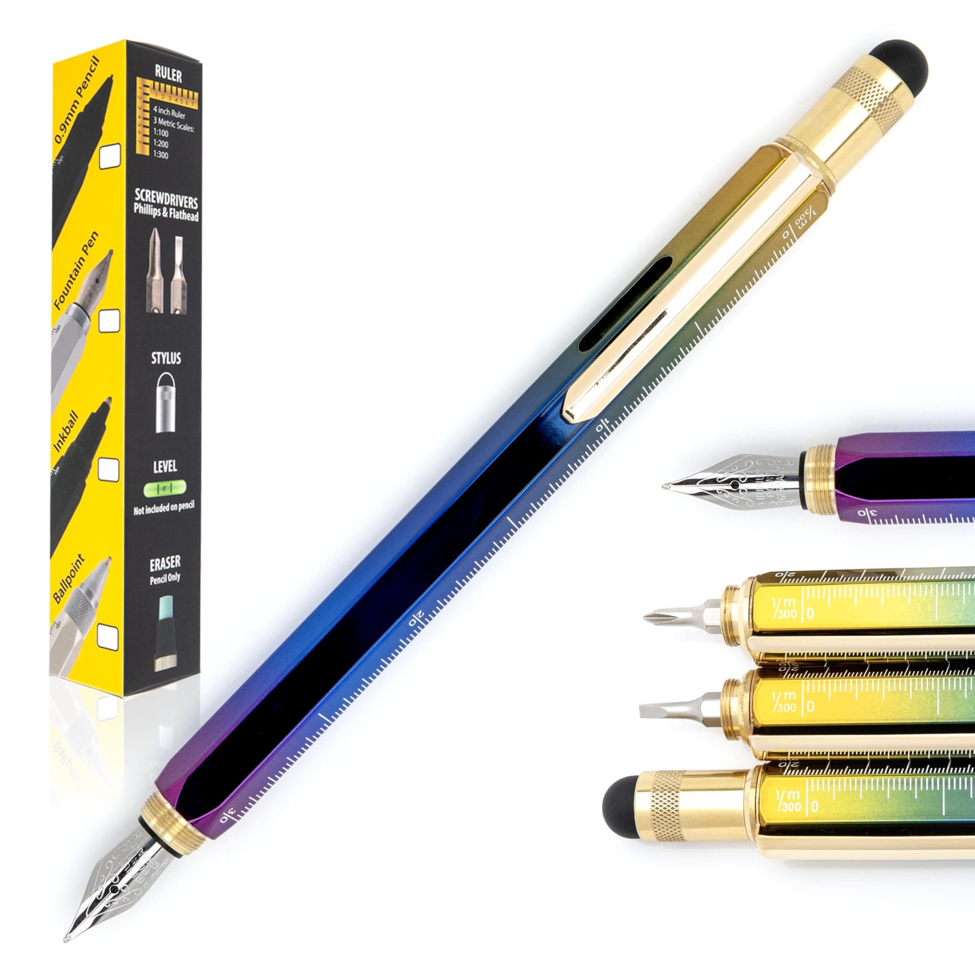 USA 9-in-1 Tool Fountain Pen in Rainbow – Flex Nib, PVD-Coated Multifunctional Pen with Stylus, Screwdrivers, Level, and Ruler – Exclusive Collection, Ideal Gift for Writers