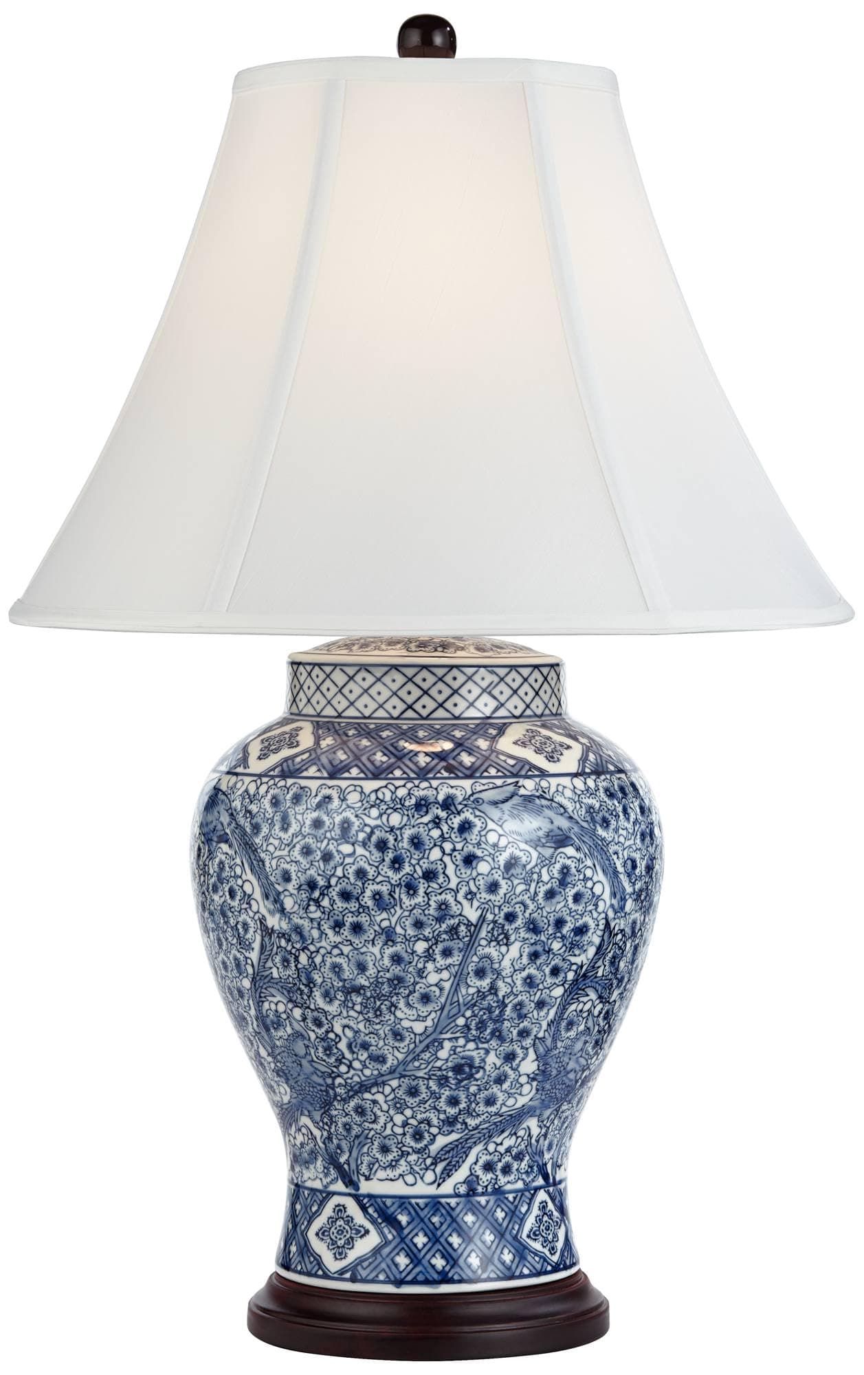 Barnes and Ivy Shonna Asian Chinese Ginger Table Lamp 27" Tall Porcelain Blue White Bird and Twig Bell Shade Decor for Living Room Bedroom Home Bedside Nightstand Home Office Entryway