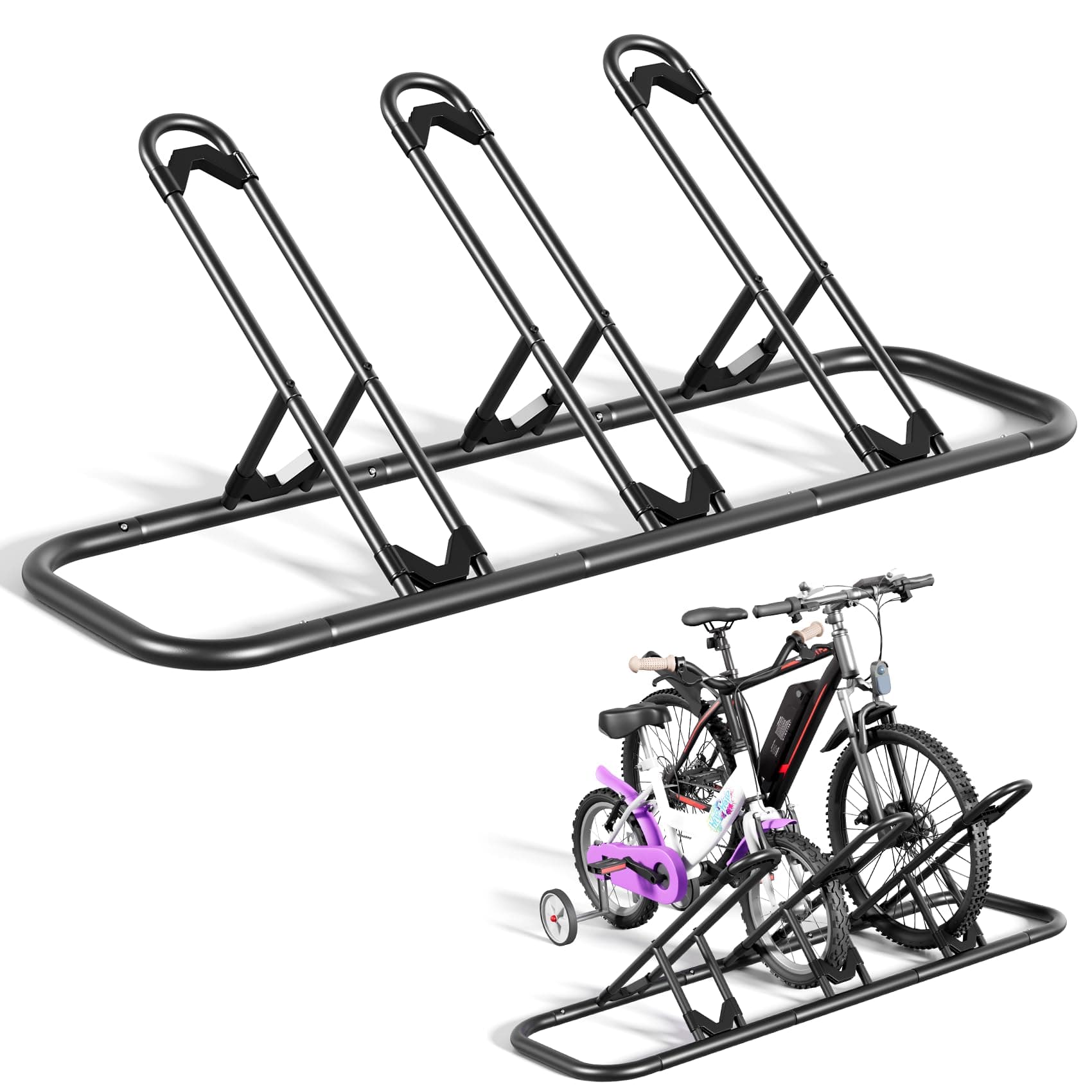- Bike Rack, Floor Bike Rack for Garage, Indoor/Outdoor Bike Storage Stand Bicycle Parking Rack, for Mountain Bike, Road Bike and Kids Bike (Black, 3 Bike)