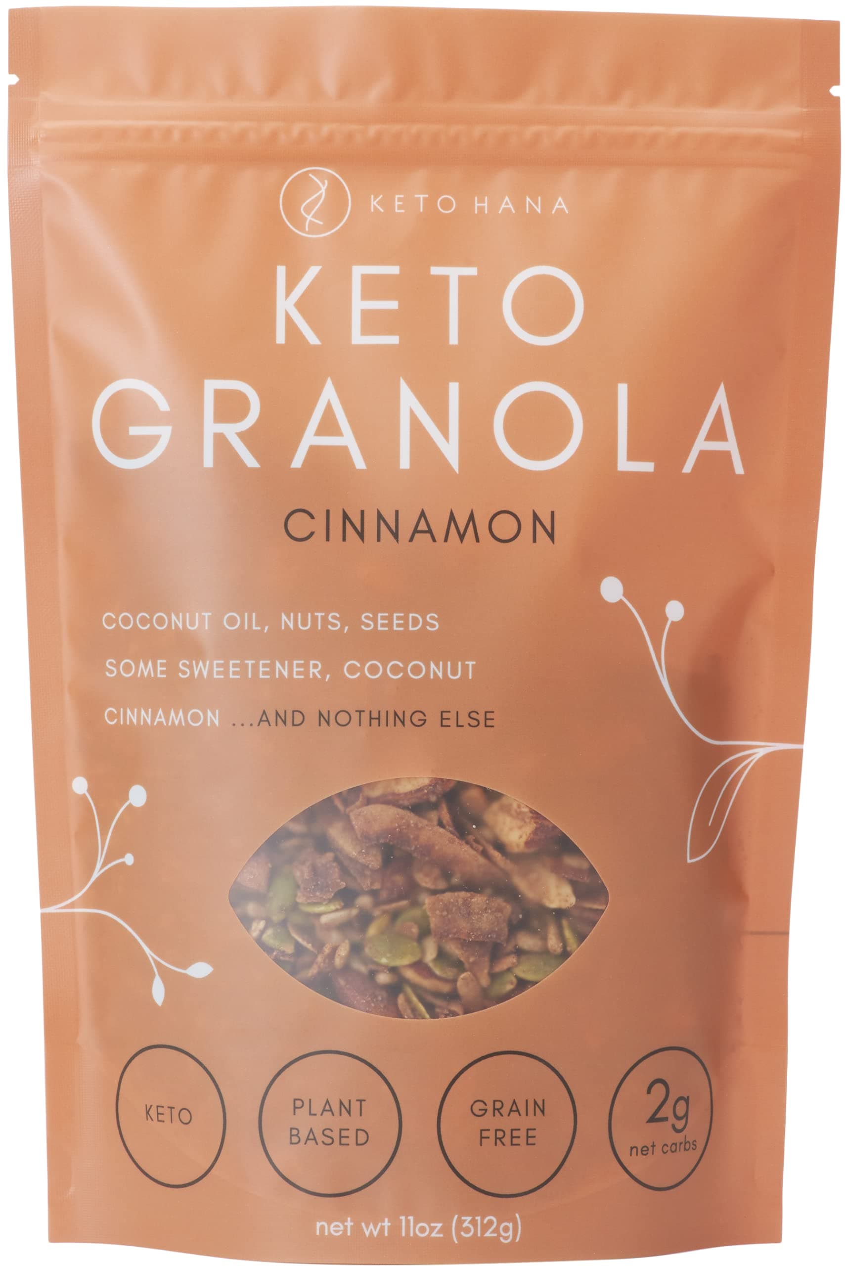 Keto Hana Cinnamon Keto Granola - Keto Diet - Vegan - Dairy Free - No Refined Sugars - Grain Free Granola - 2g Net Carbs Keto Cereal - Healthy Granola Cereal - 11oz