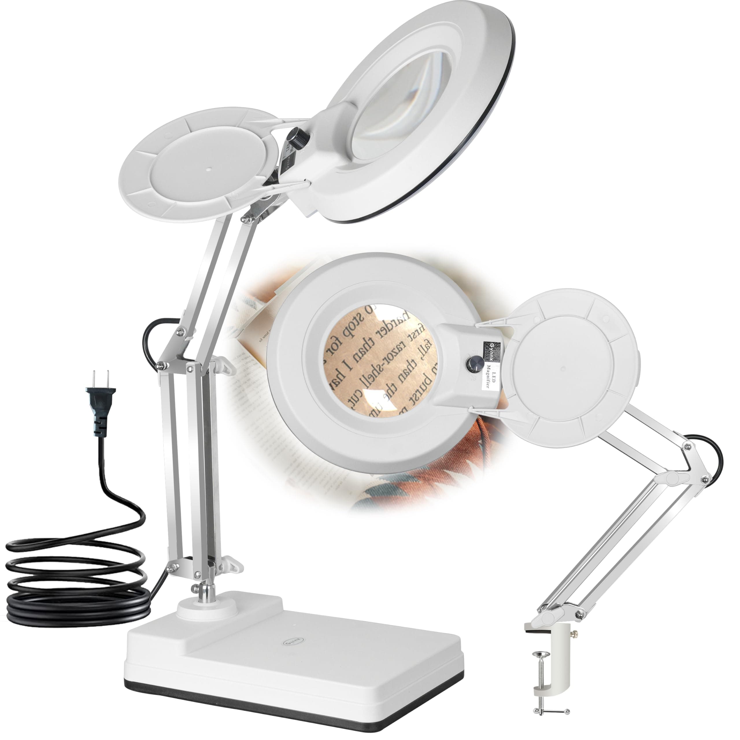 Magnifying Glass with Light and Clamp,10X Lighted Magnifying Glass Lamp LED Dimmable,5 Inches Lens with Stainless Steel Arm for Reading,Craft,Painting and Close Work(White Cover)