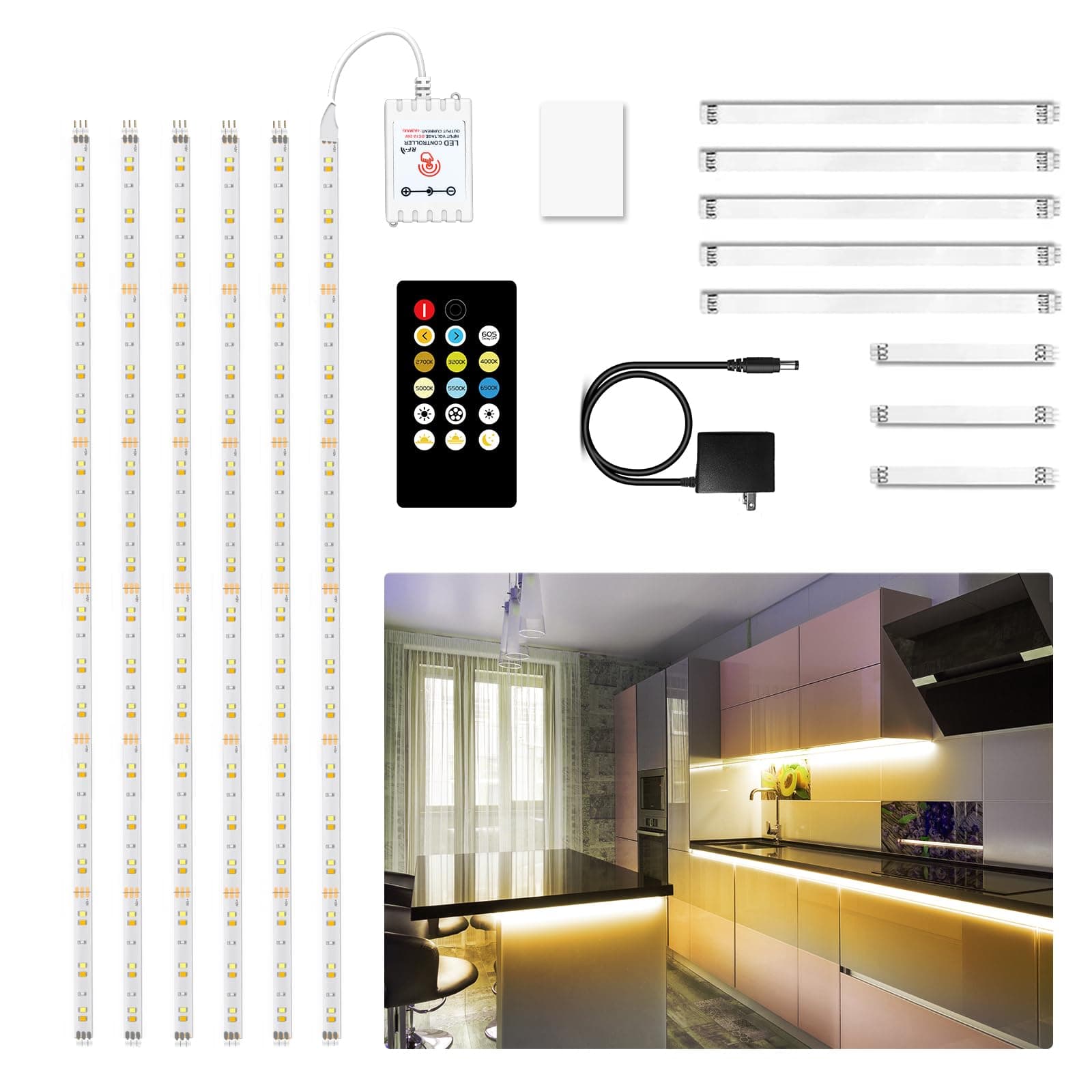 DAYBETTER Under-cabinet lighting, 6 under cabinet lights with remote control, dimmable LED strips for bedroom, LED lighting for kitchen cabinet, counter rack,