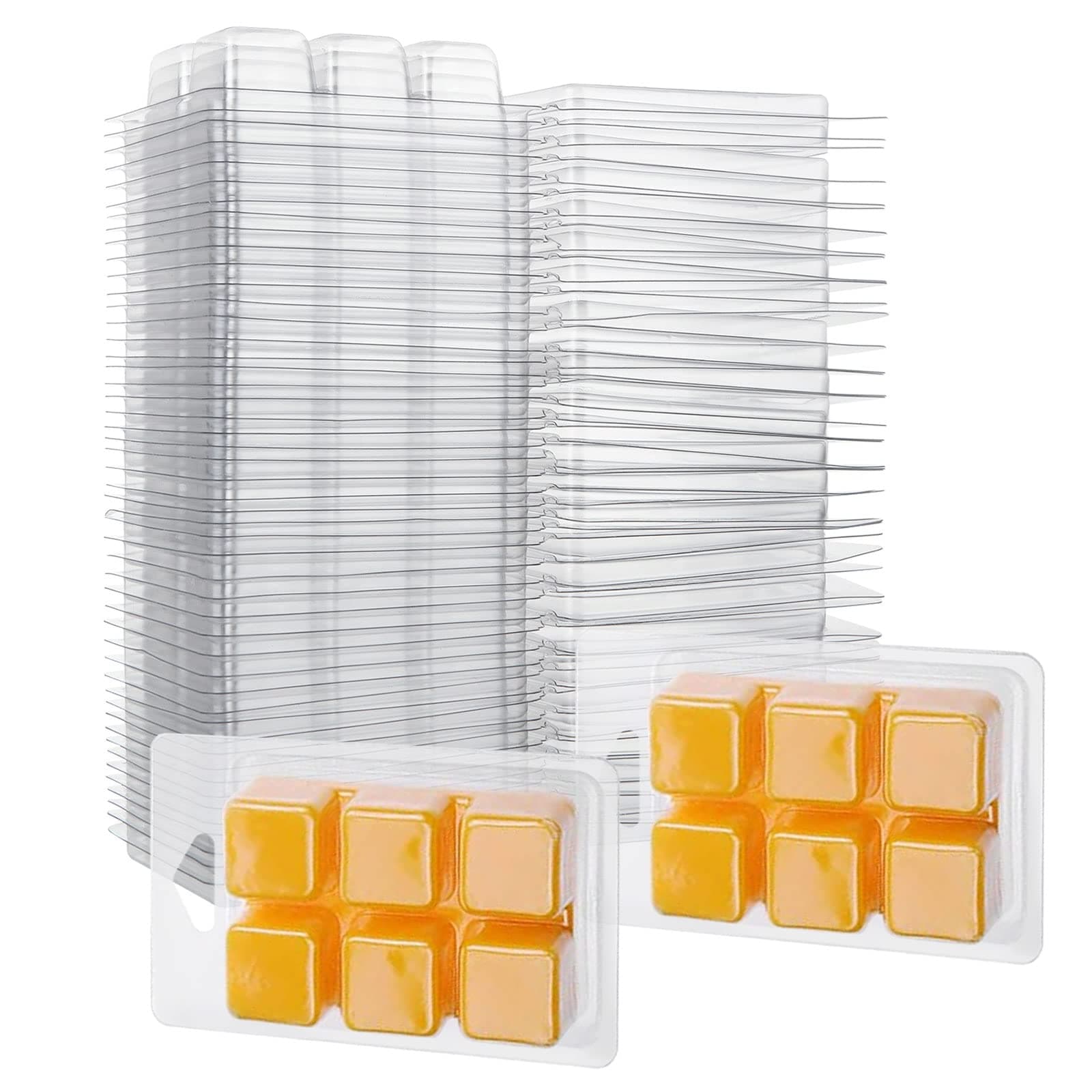 Aselected Wax Melt Molds 100 Pcs 6 Cavity Resuable Clear Plastic Clamshell Mould Cube Tray for Candle Making and Soap Wax Melts Boxes(Square Shape)