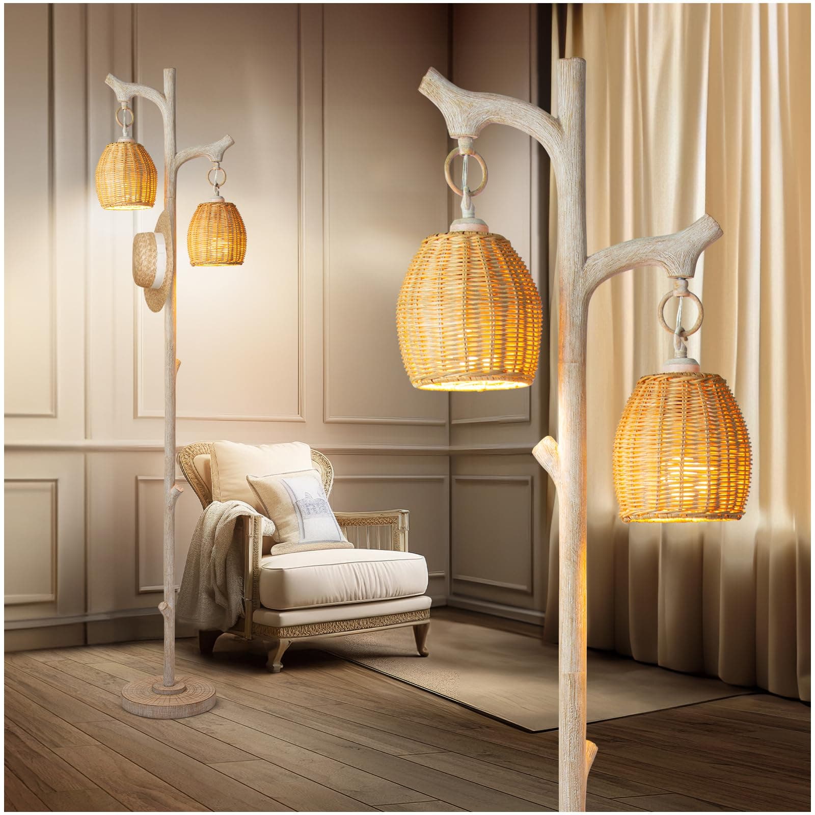 Scenekoy 68" High Farmhouse Rustic Country Cottage Floor Lamp Tree Trunk Faux Wood Column White Washed Wicker Drum Shade Decor for Living Room Bedroom Reading Room