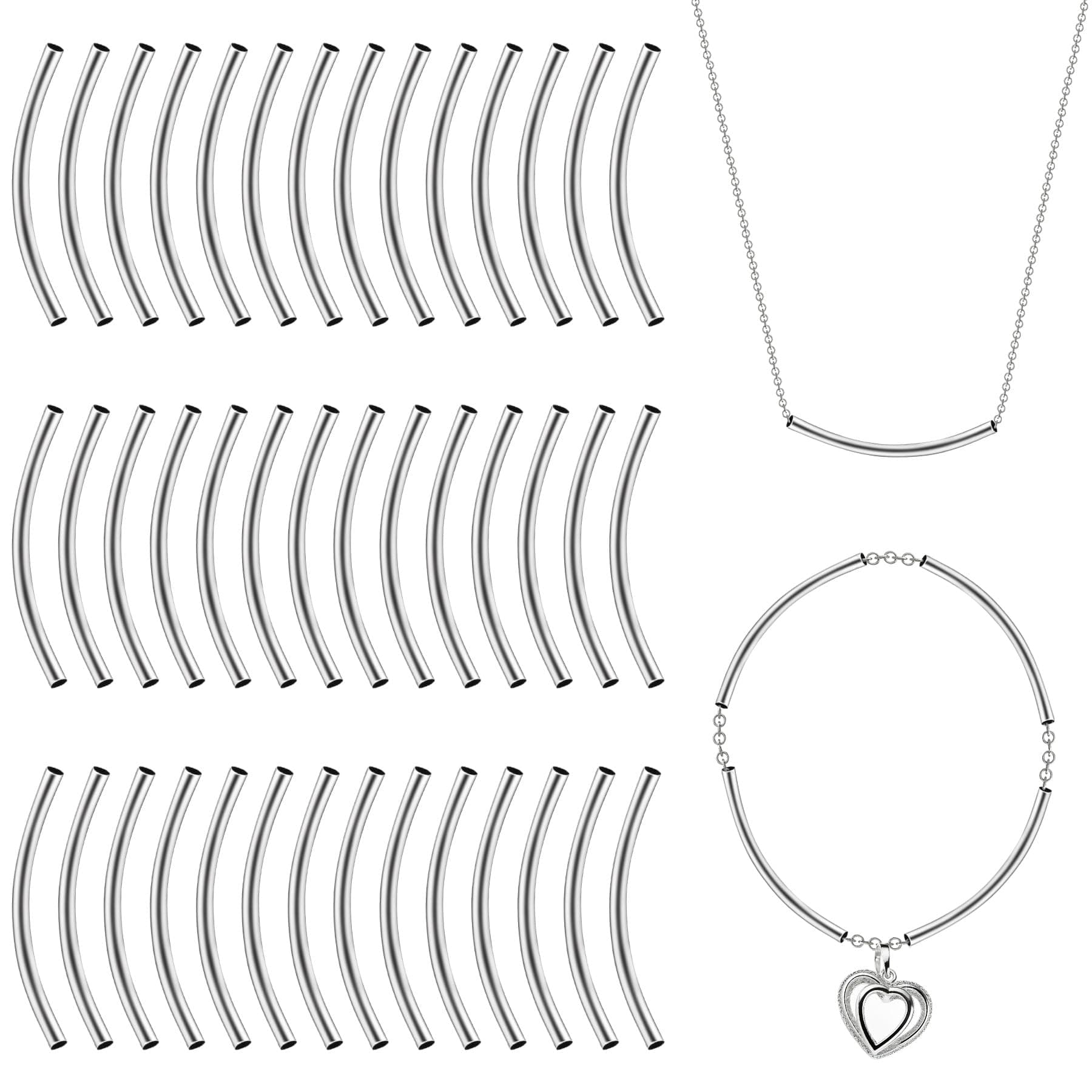 AUEAR, 100 Pack 3 x 50mm Long Tube Beads Plated Metal Curved Noodle Spacer Bead for DIY Bracelet Necklace Jewelry Making (Silver)