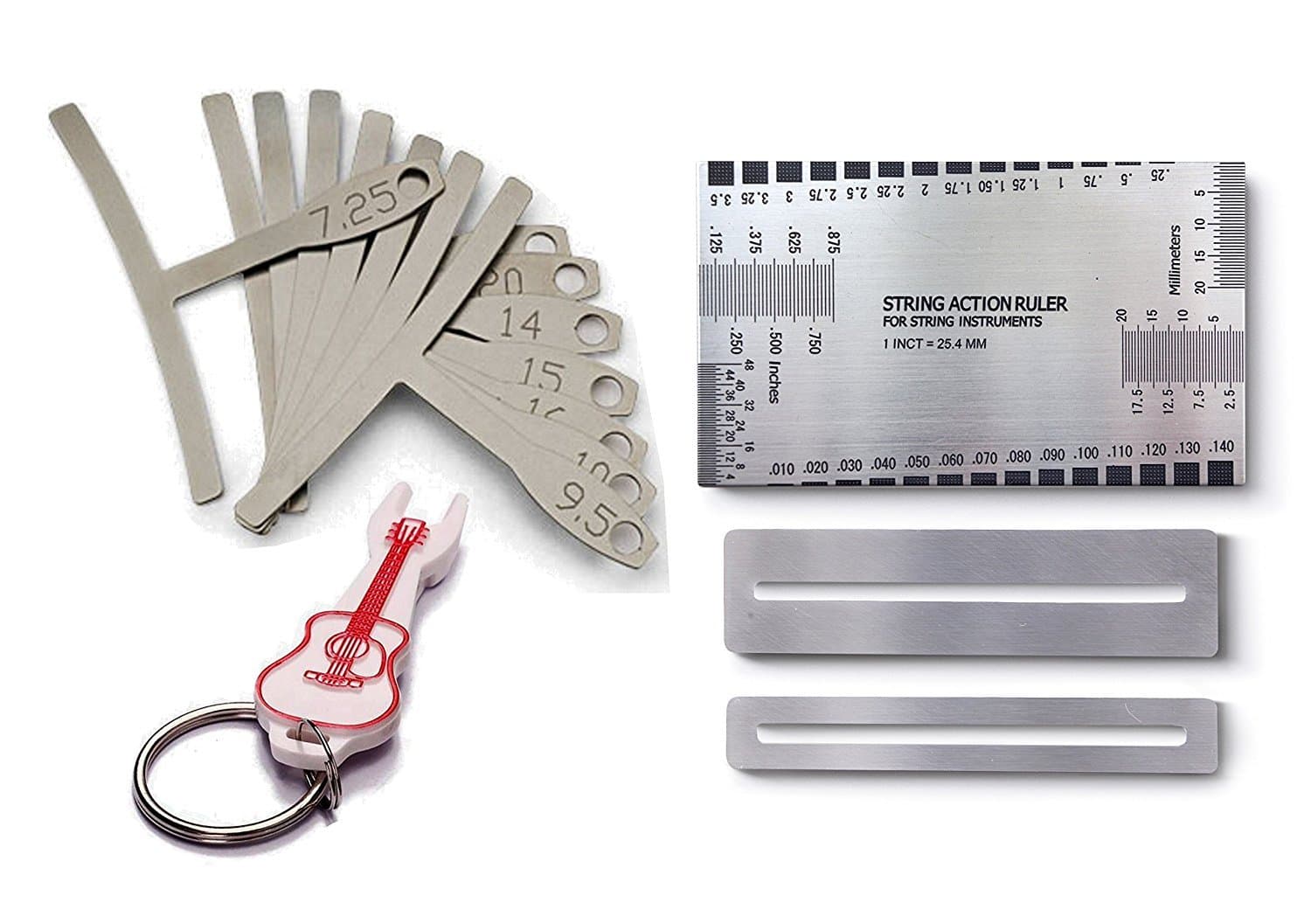 Yooaky Guitar Luthier Tools Set-Double Sided Gauge Ruler,9pcs Stainless Steel Understring Radius Gauges,2 Protector Guards,1 Pin Puller Keychain