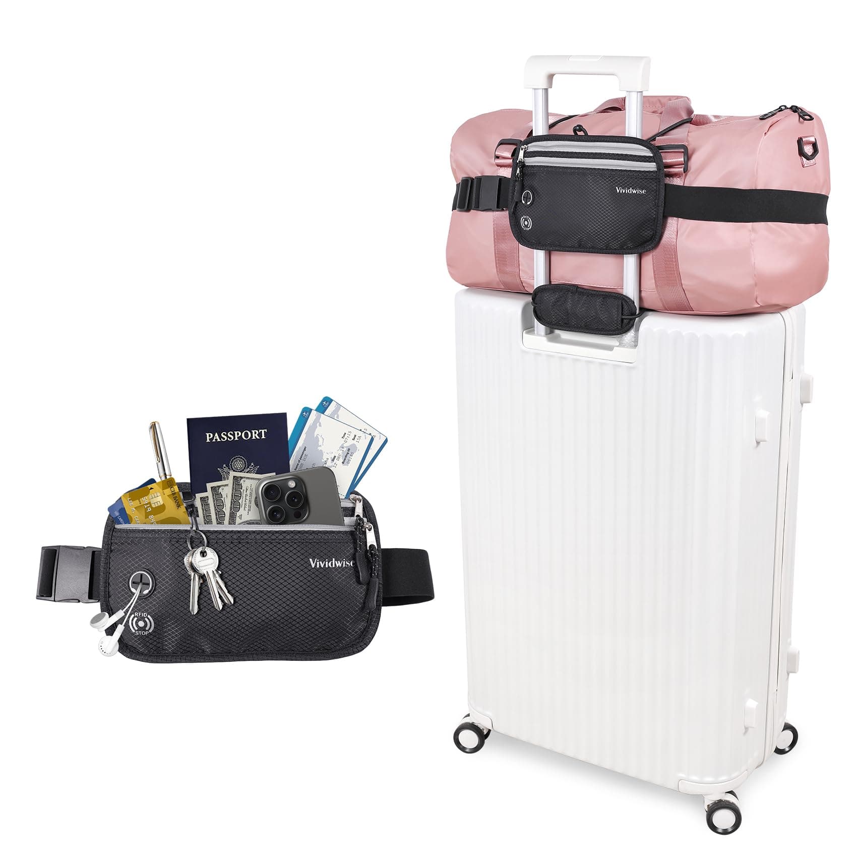 VividwiseVividwise Luggage Strap, 2-in-1 Luggage Straps Bag Bungees for Add a Bag, RFID Blocking Travel Wallet Adjustable Suitcase Belt