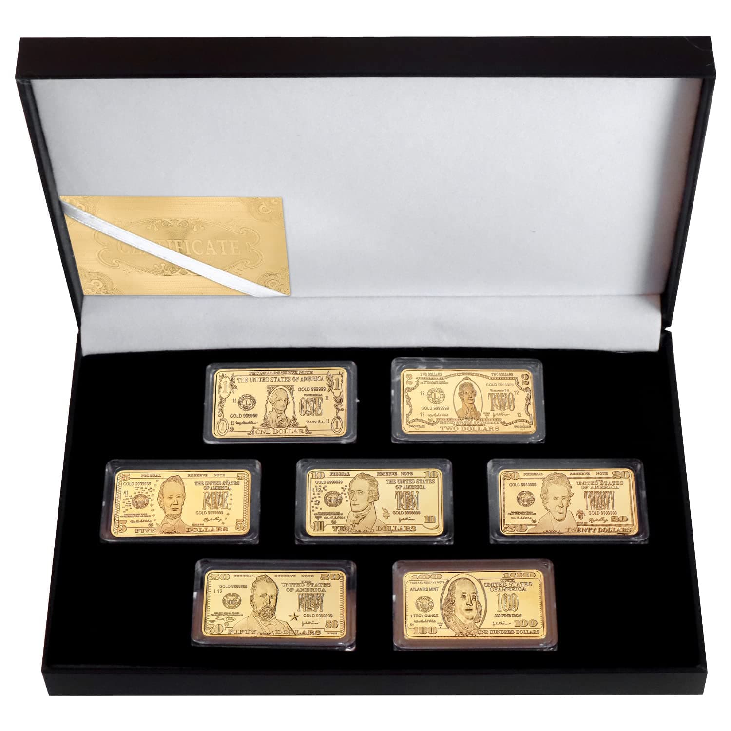 WR 7pcs/lot US Dollars Challenge Gold Bar with Coin Holder America Collectables Coin Bullion Set Box