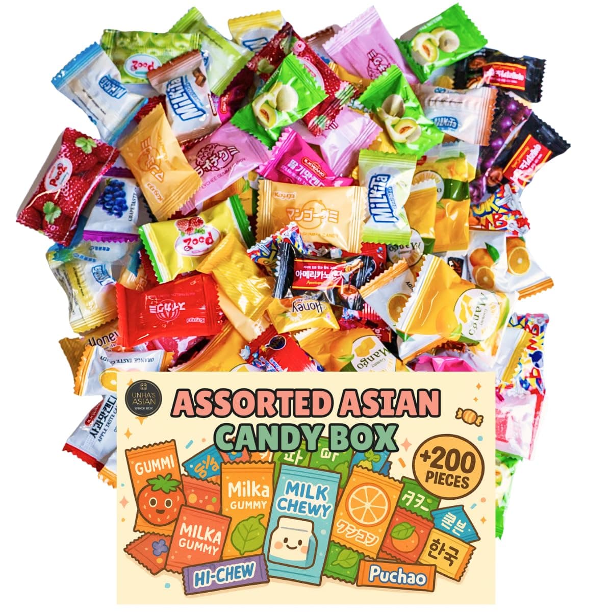 Japanese and Korean Candy Variety 2.10 lb Bulk Pack, 200 + Pieces, Mystery Asian Candy Chewy, Caramel, Chews, Gummy, and more. Lots of different flavors!