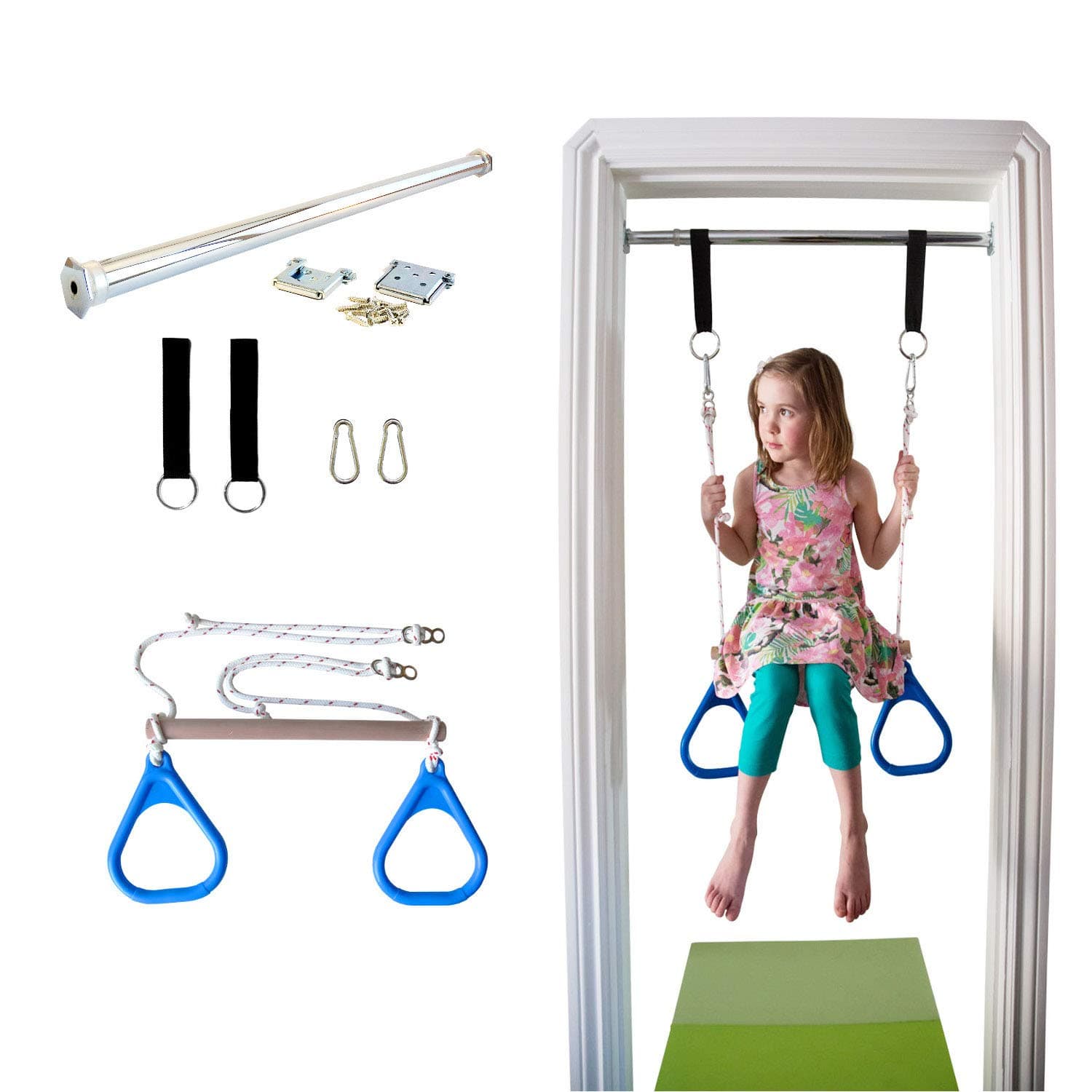 Doorway Swing for Kids Indoor - Trapeze Bar and Blue Gymnastic Rings Combo