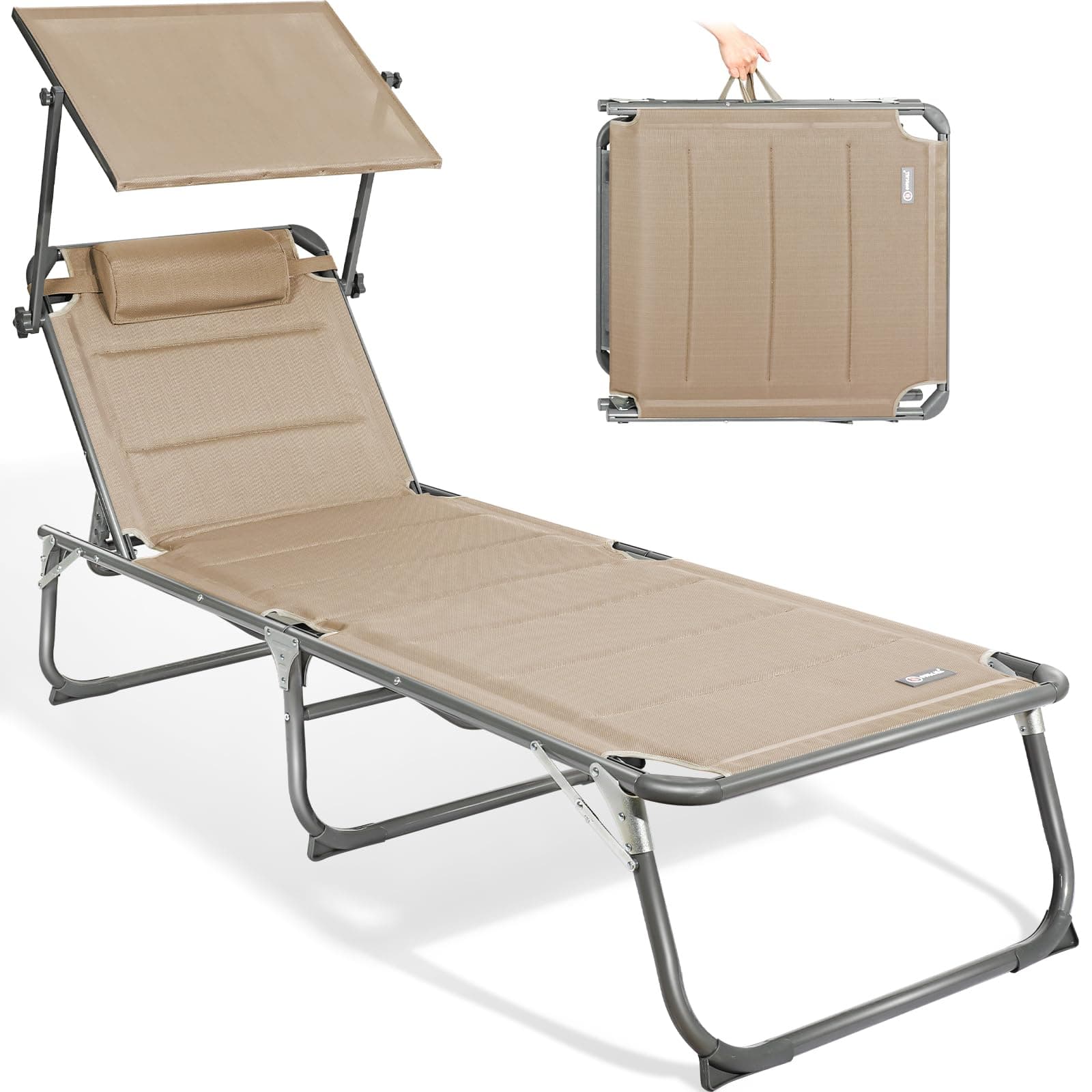 Homecall 30040 XXL Aluminium Sun Lounger with Sun Roof Three-Legged Beach bed 200x70 cm Maximum Load 150 kg, Beige textilene, Quick Dry Foam
