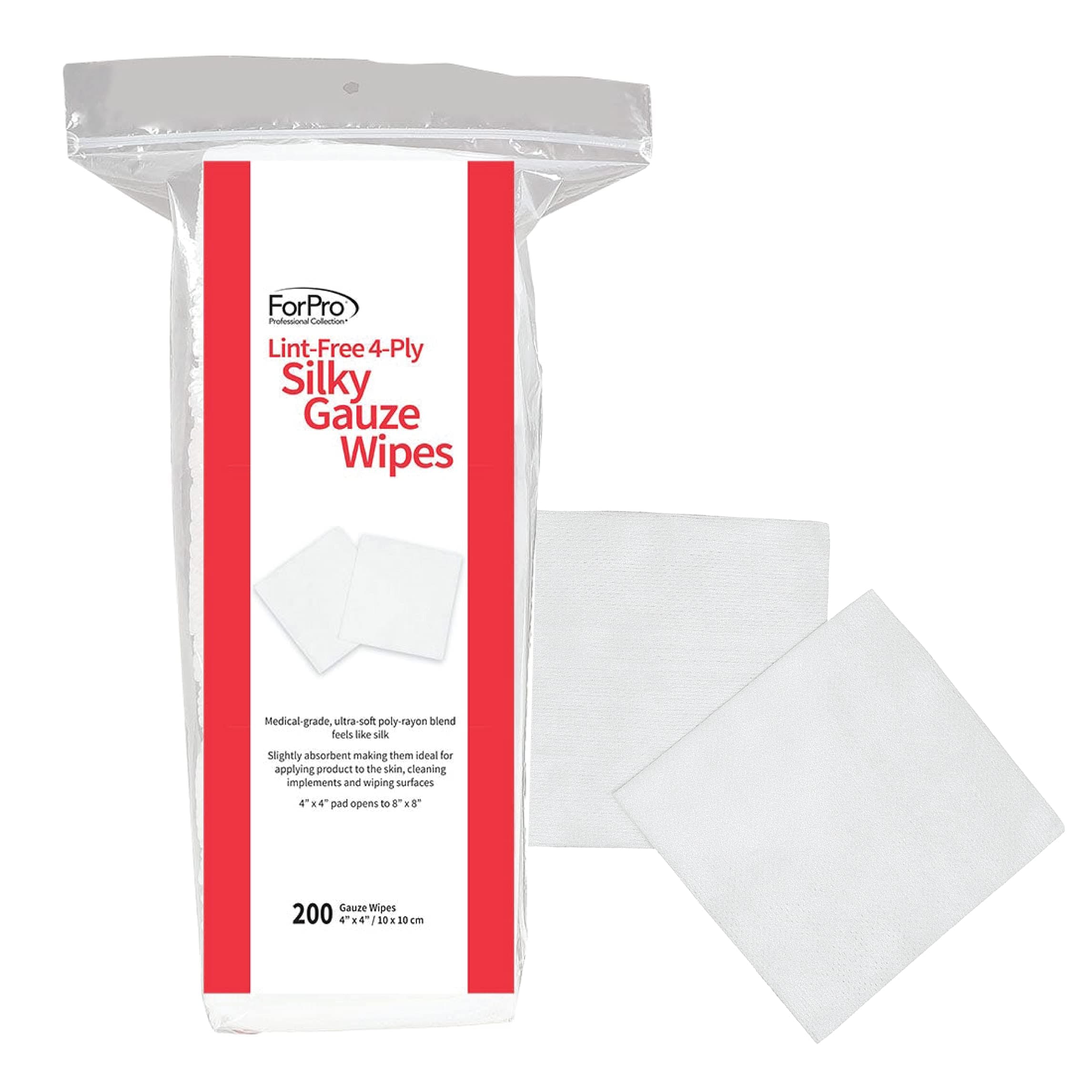ForPro Professional Collection Lint-Free 4-Ply Silky Gauze Wipes, 100% Lint-Free, Ultra-Soft, for Product Application and Medical Care, 4” x 4”, 200-Count