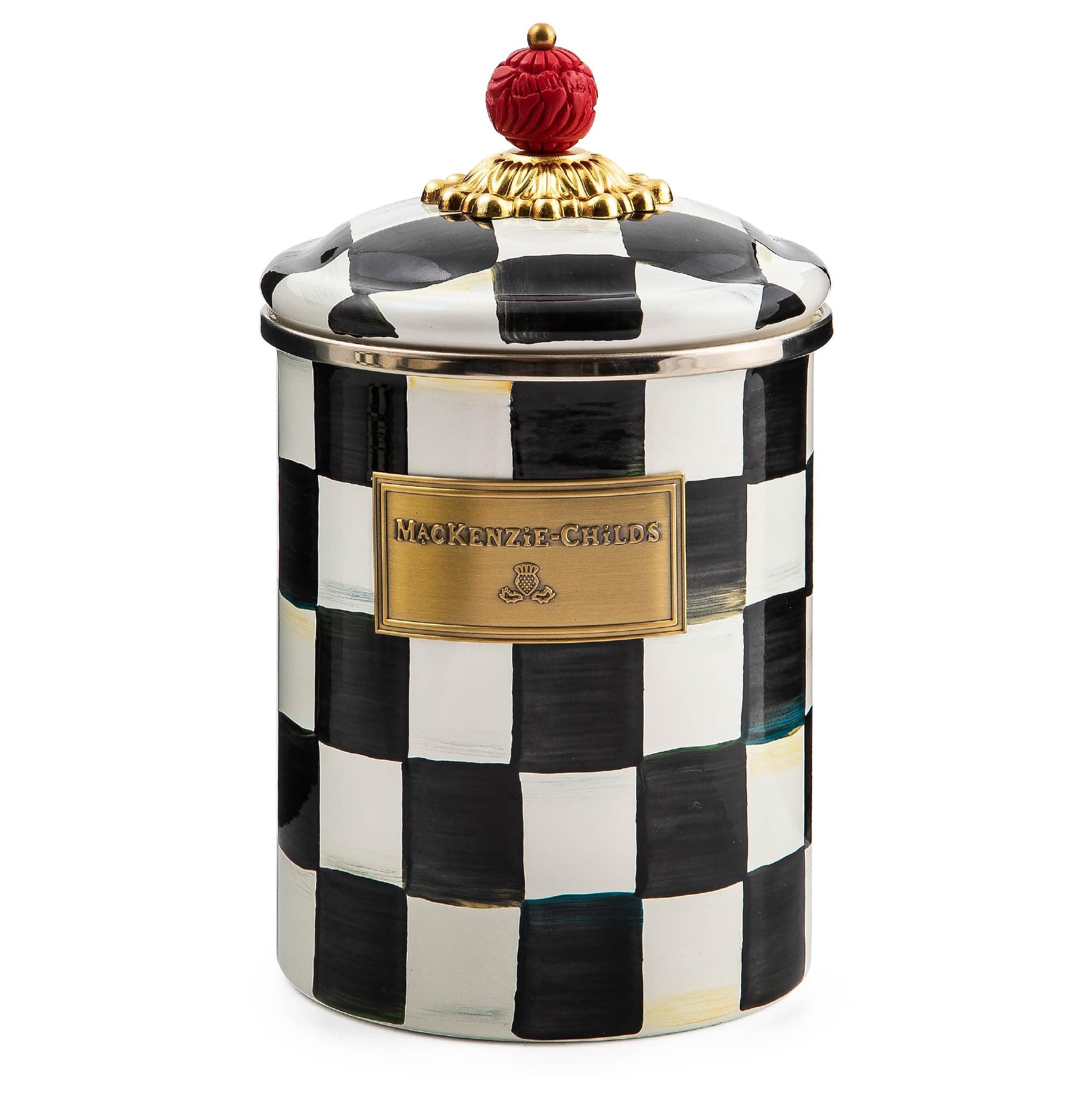 MACKENZIE-CHILDS Medium Enamel Canister, Kitchen Storage Container for Flour and Sugar, 1.42 Liters, Black-and-White Courtly Check
