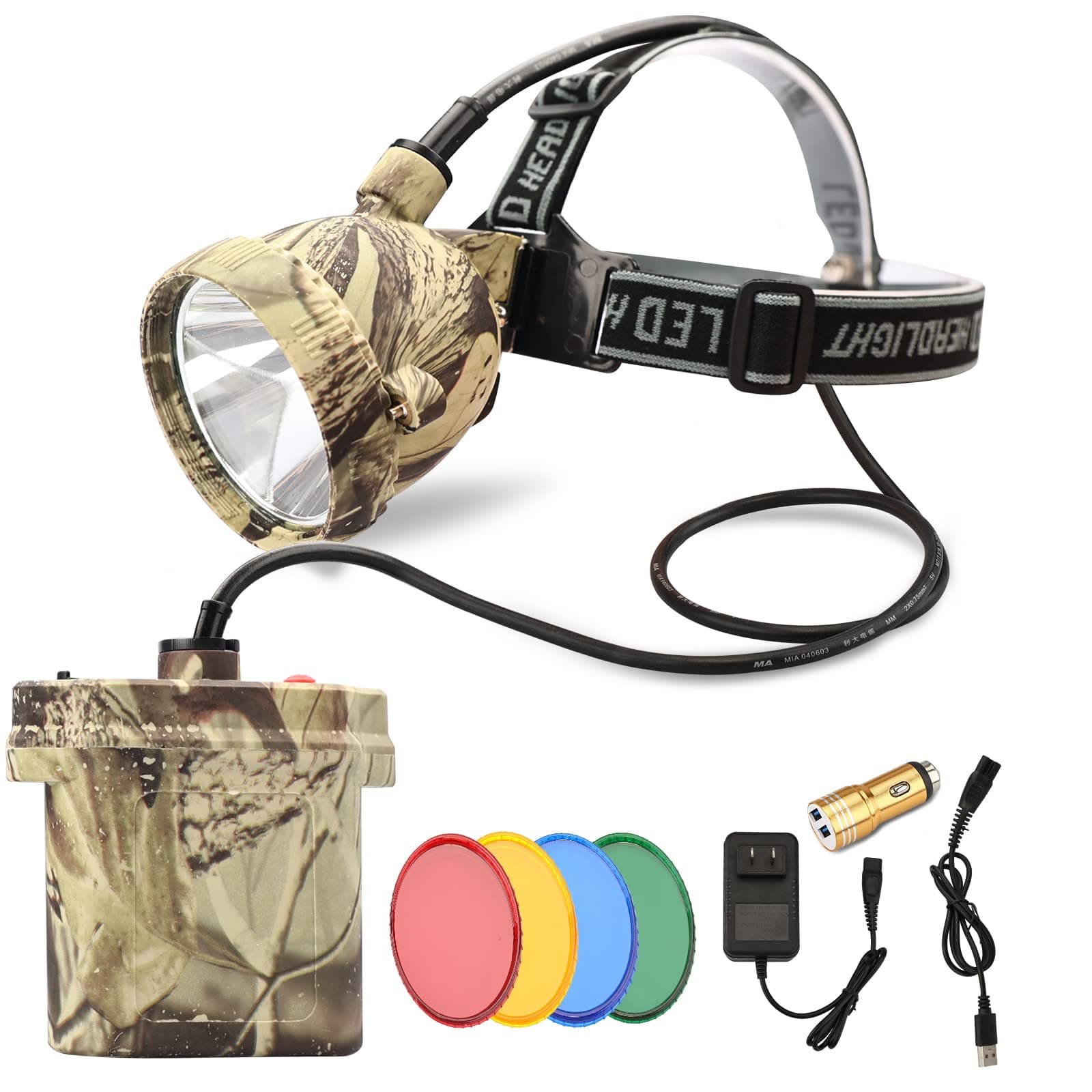 ILUKE Camo Coon Hunting Lights Headlamp for Coyotes Hog Predators, Rechargeable & Waterproof, 6 Lighting Modes, 4 Powerful LEDs (White Red Green Amber) Night Working