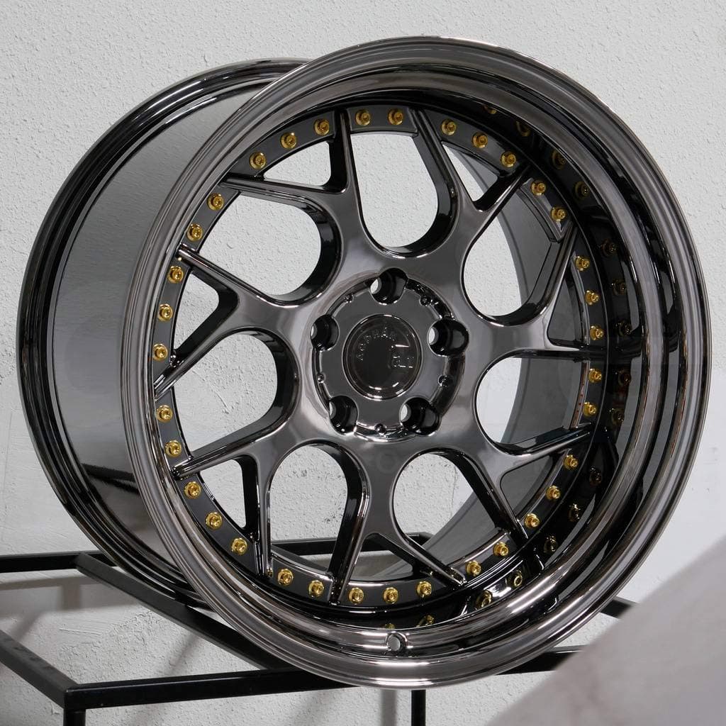 Aodhan DS-01 Custom Wheel - 18x9.5, 35 Offset, 5x100 Bolt Pattern, 73.1mm Hub - Black Vacuum with Gold Rivets Rim