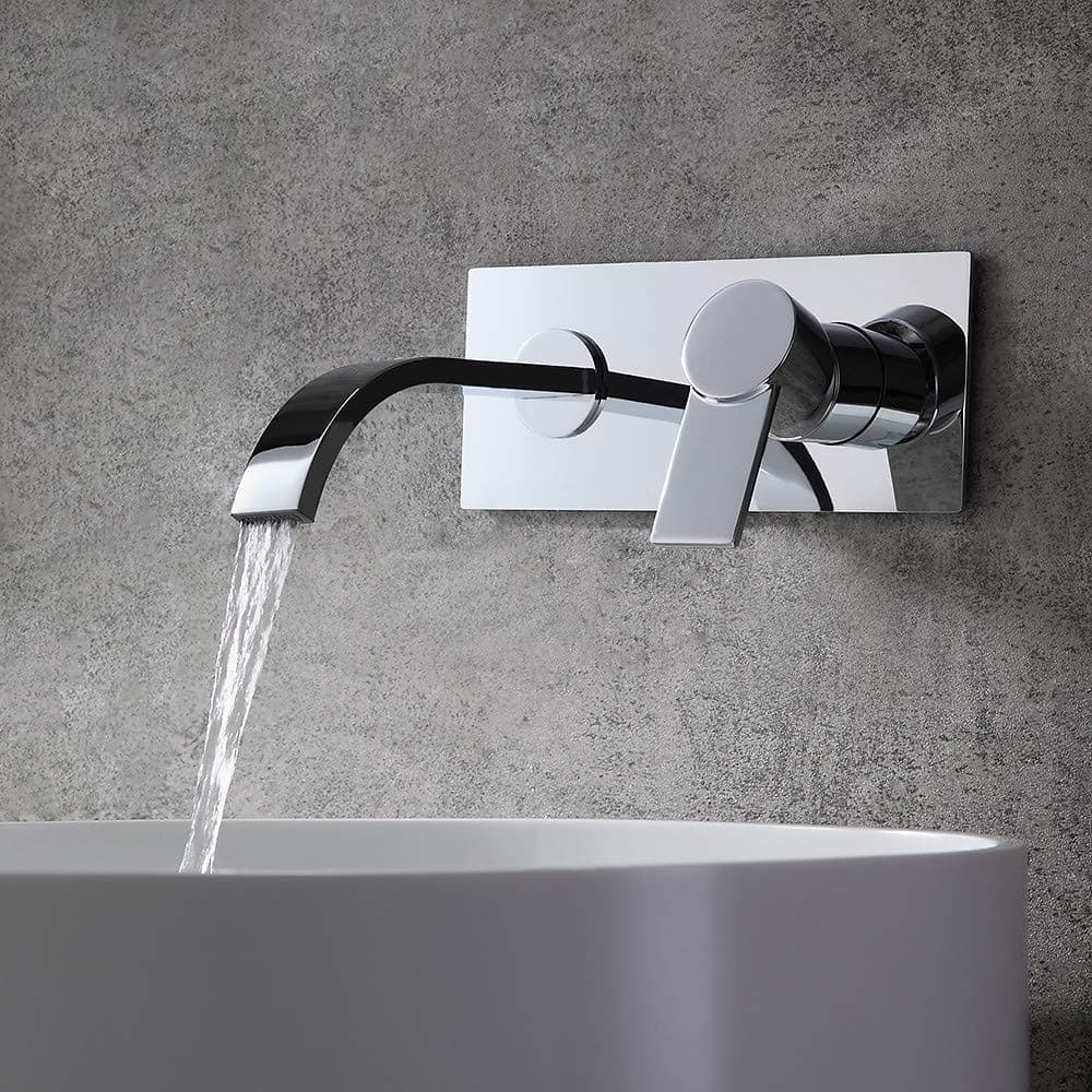 AUXO Wall Mounted Bathroom Faucet Single Handle Vessel Sink Faucet with 6.5'' Long Spout in Polished Chrome, Rough-in Valve and Trims Included