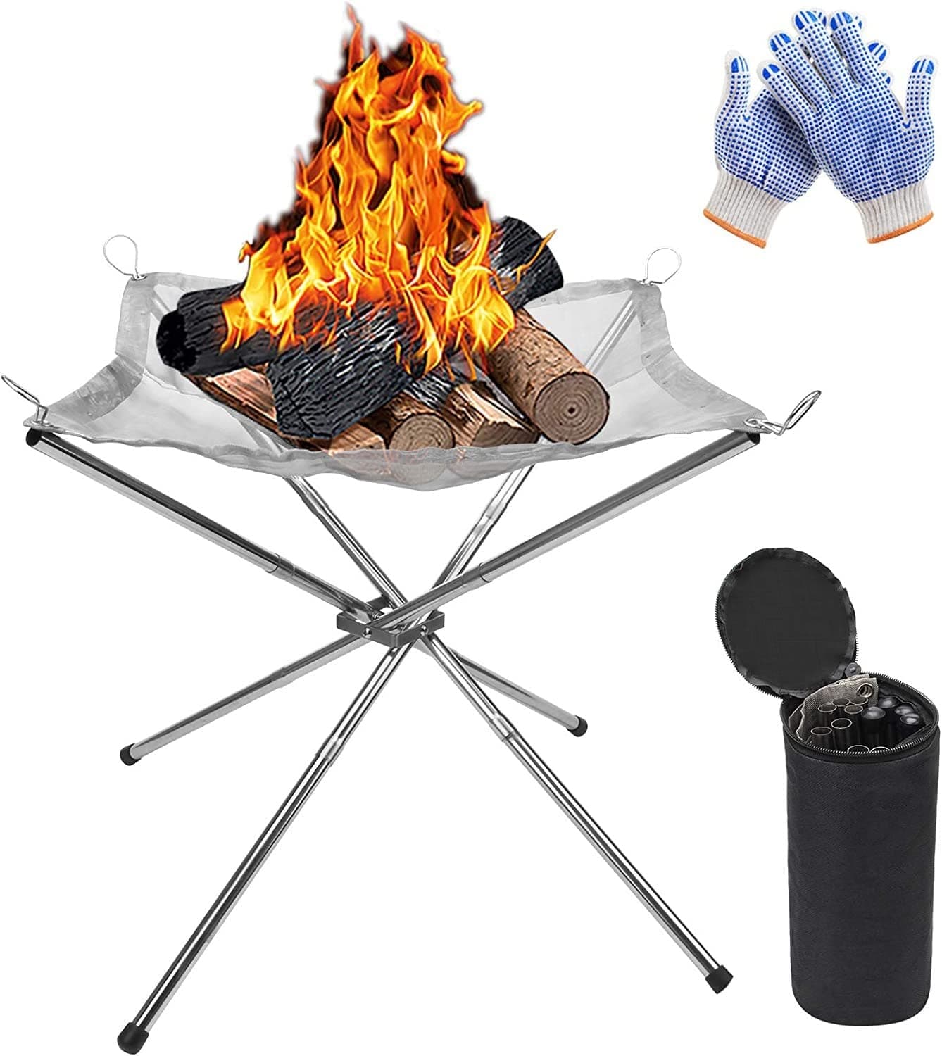 KAHEIGN Portable Outdoor Fireplace 16.5 Inch Foldable Stainless Steel Portable Fire Pit BBQ Grill with Mesh Fire Bowl for Patio Garden Camping Picnic - with Heat-Resistant Gloves and Carry Bag