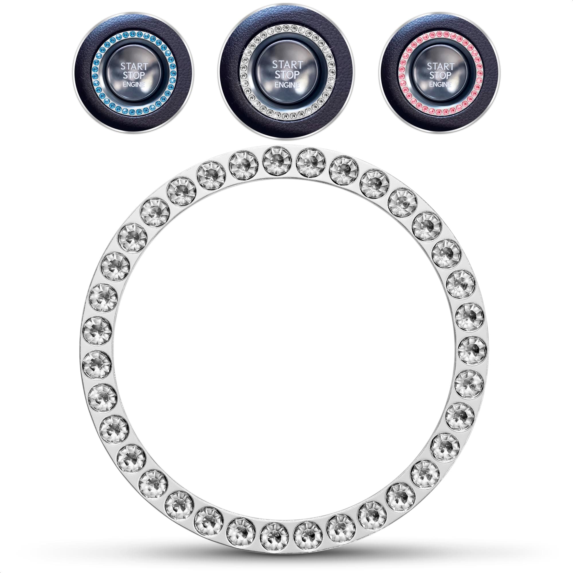 Bling Car Decor Crystal Rhinestone Car Bling Ring Emblem Sticker, Bling Car Accessories for Women, Push to Start Button, Key Ignition Starter & Knob Ring, Interior Glam Car Decor Accessory (Silver)