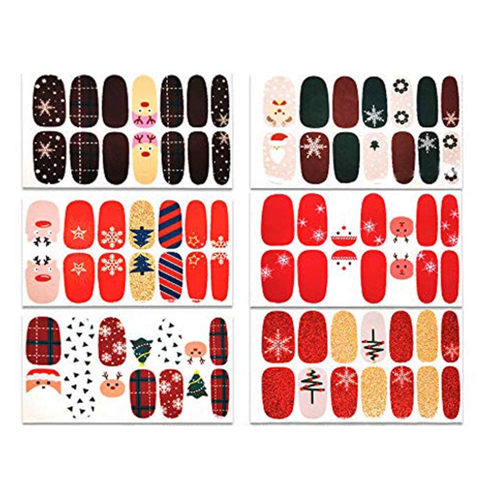 6 Sheets Christmas Manicure Full Nail Wraps Art Polish Stickers Decal Solid Color Strips Adhesive False Nail Design Manicure Set with 1Pc Nail Buffers Files for Women Girls-Christmas Street Style
