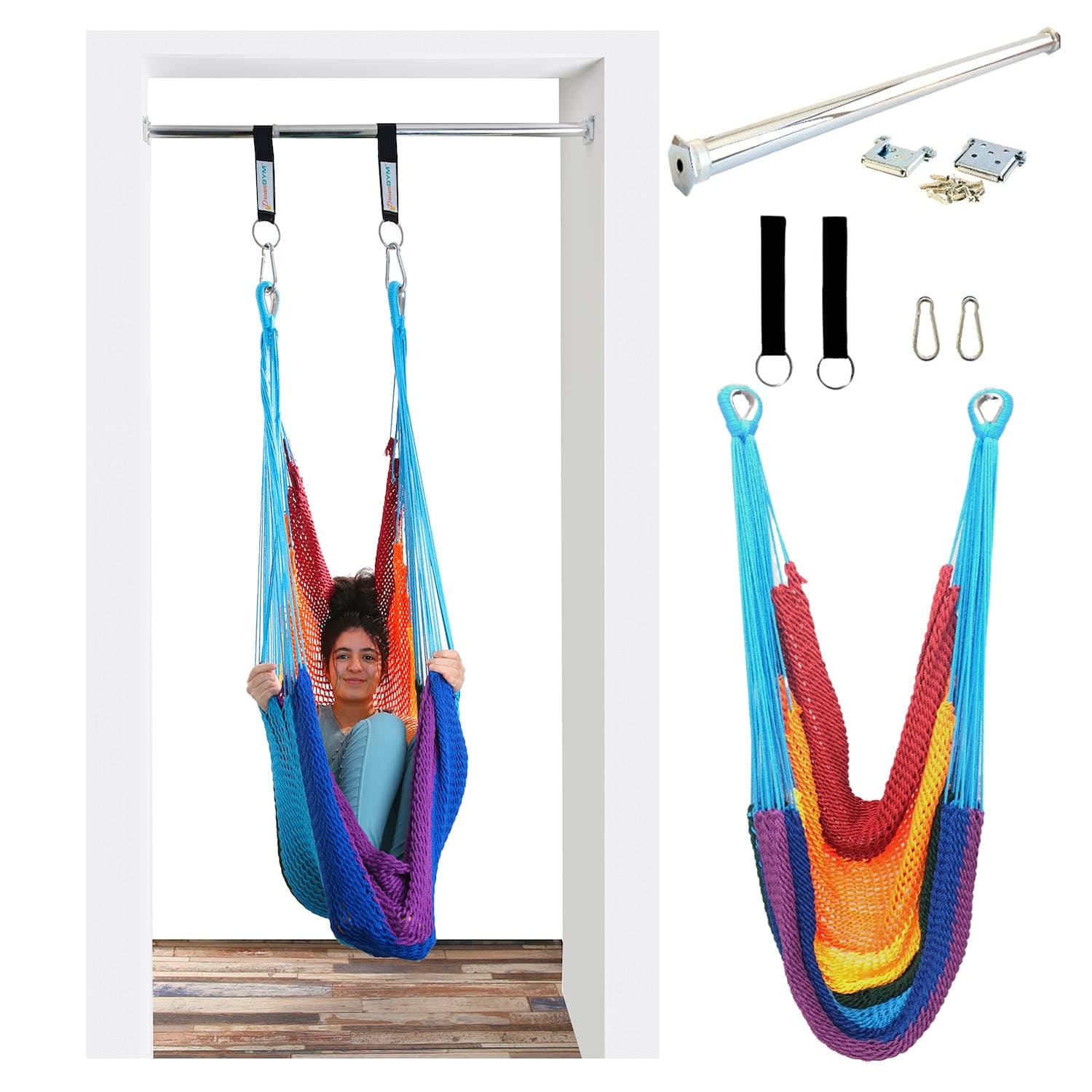 DreamGYM Doorway Hammock Swing - Hammock Chair with Stand in Door Frame- Sensory Swing for Adults and Children - Rainbow